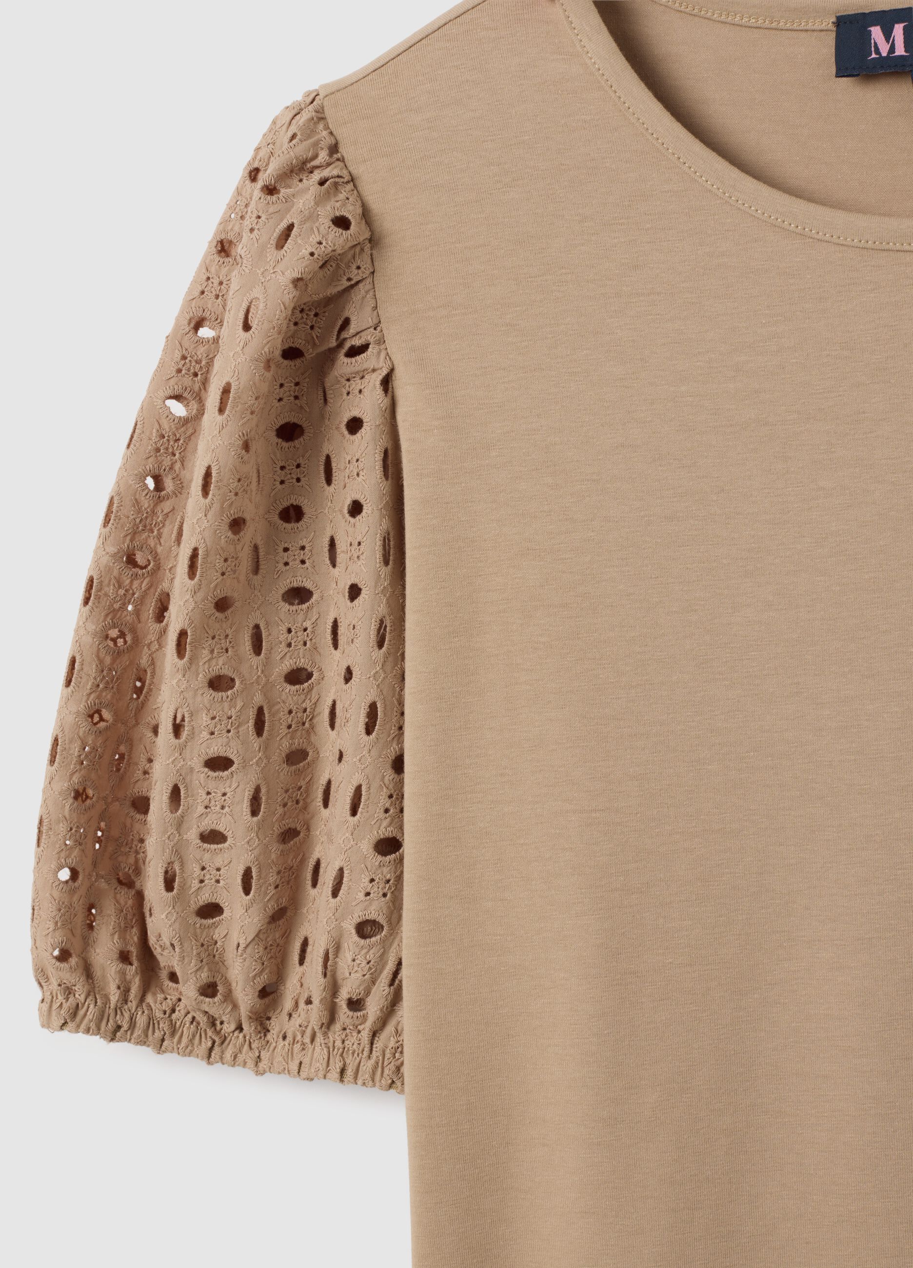 Beige regular fit women's cotton T-shirt with puff sleeves
