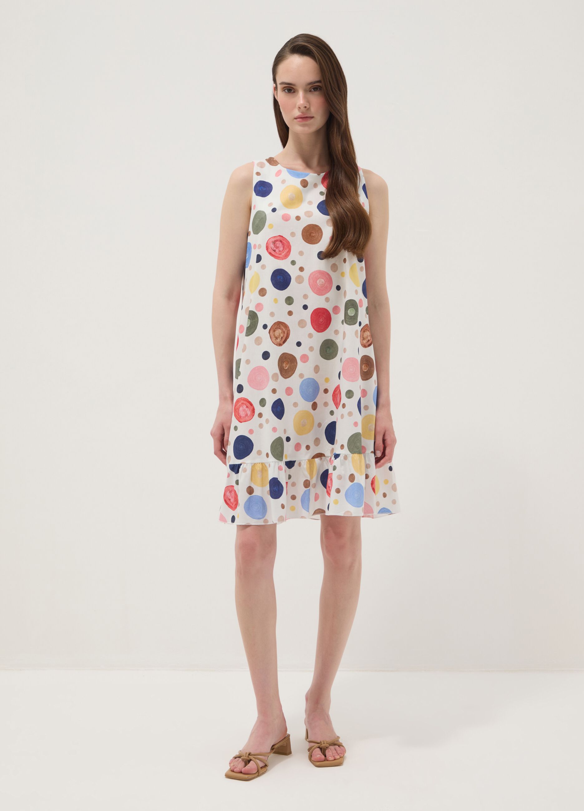 Sleeveless multicolour stretch-cotton dress with ruffle hem