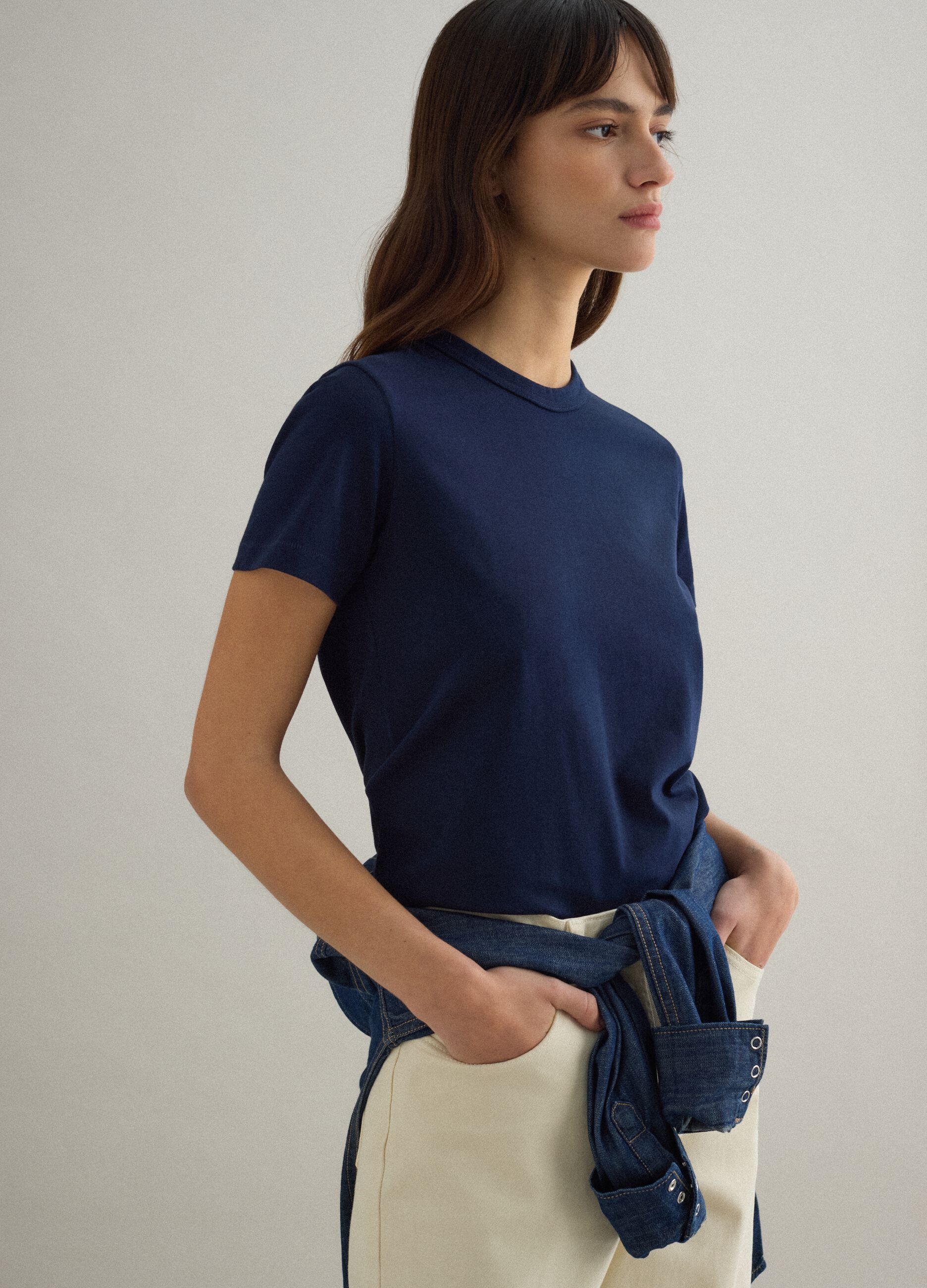 Regular Fit Blue Crewneck Pure Cotton T-Shirt