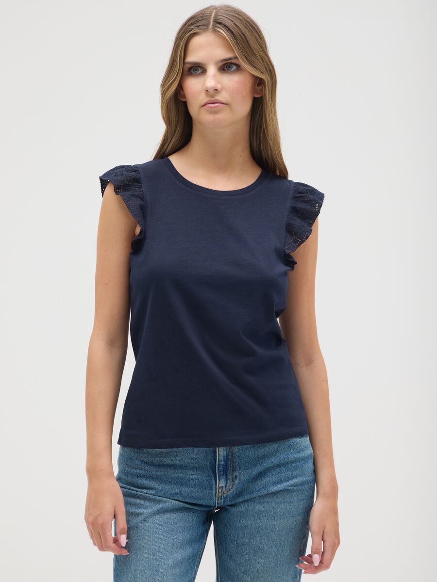 Women's blue pure cotton top regular fit with ruffles_0