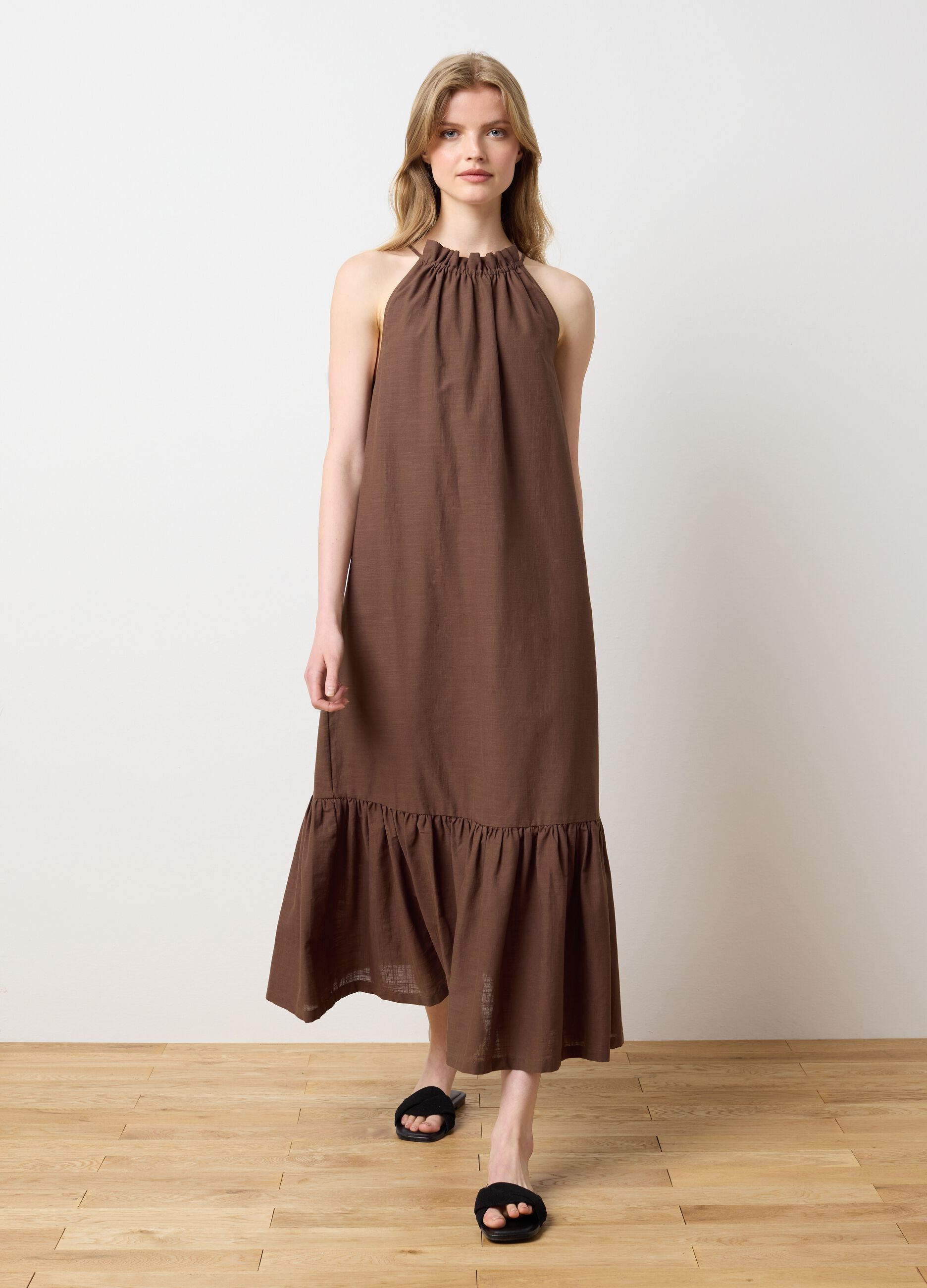 Women's long brown pure cotton oversized dress with ruffles