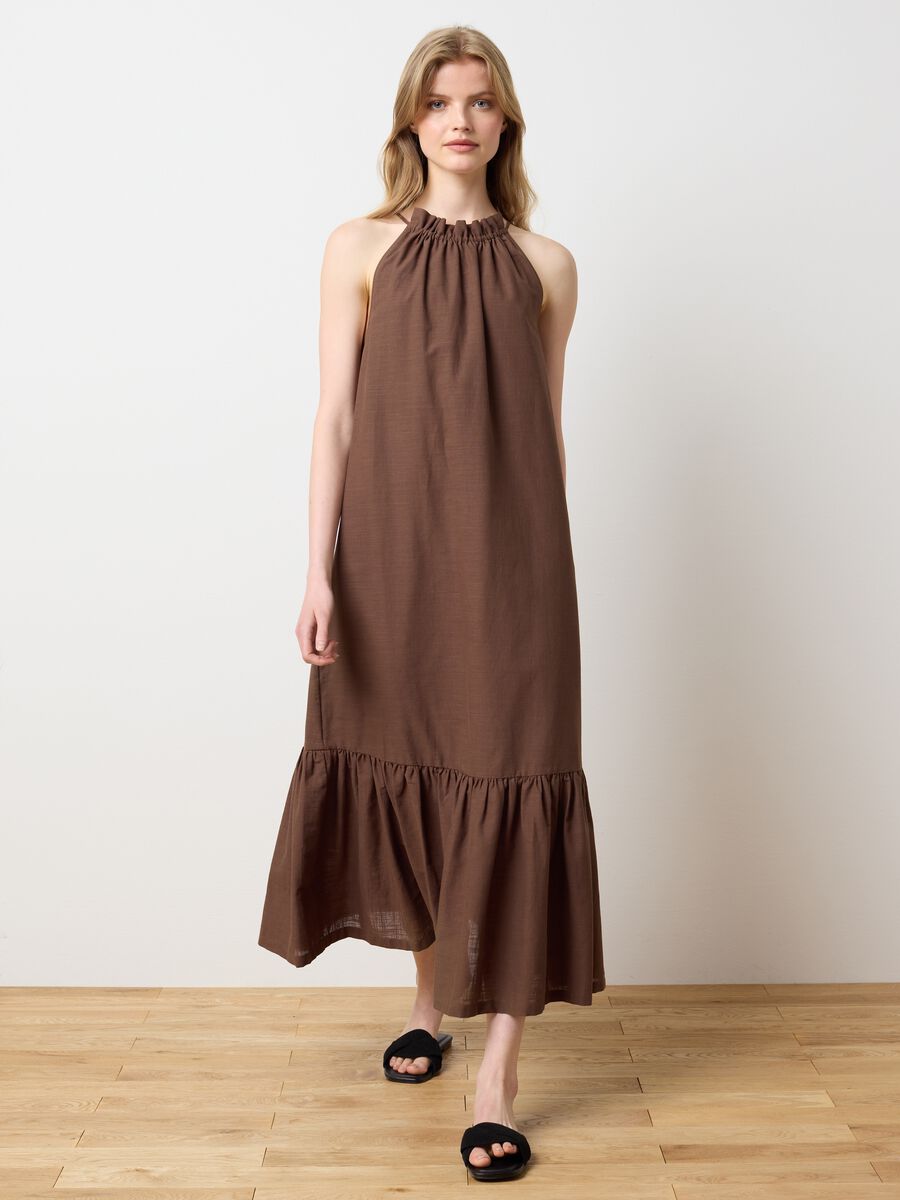 Women's long brown pure cotton oversized dress with ruffles_0