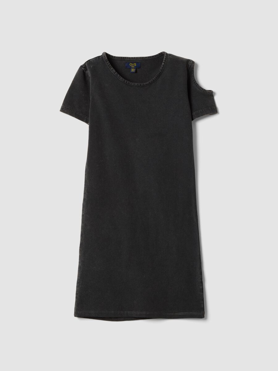 Black stretch cotton dress with shoulder cut-out_0