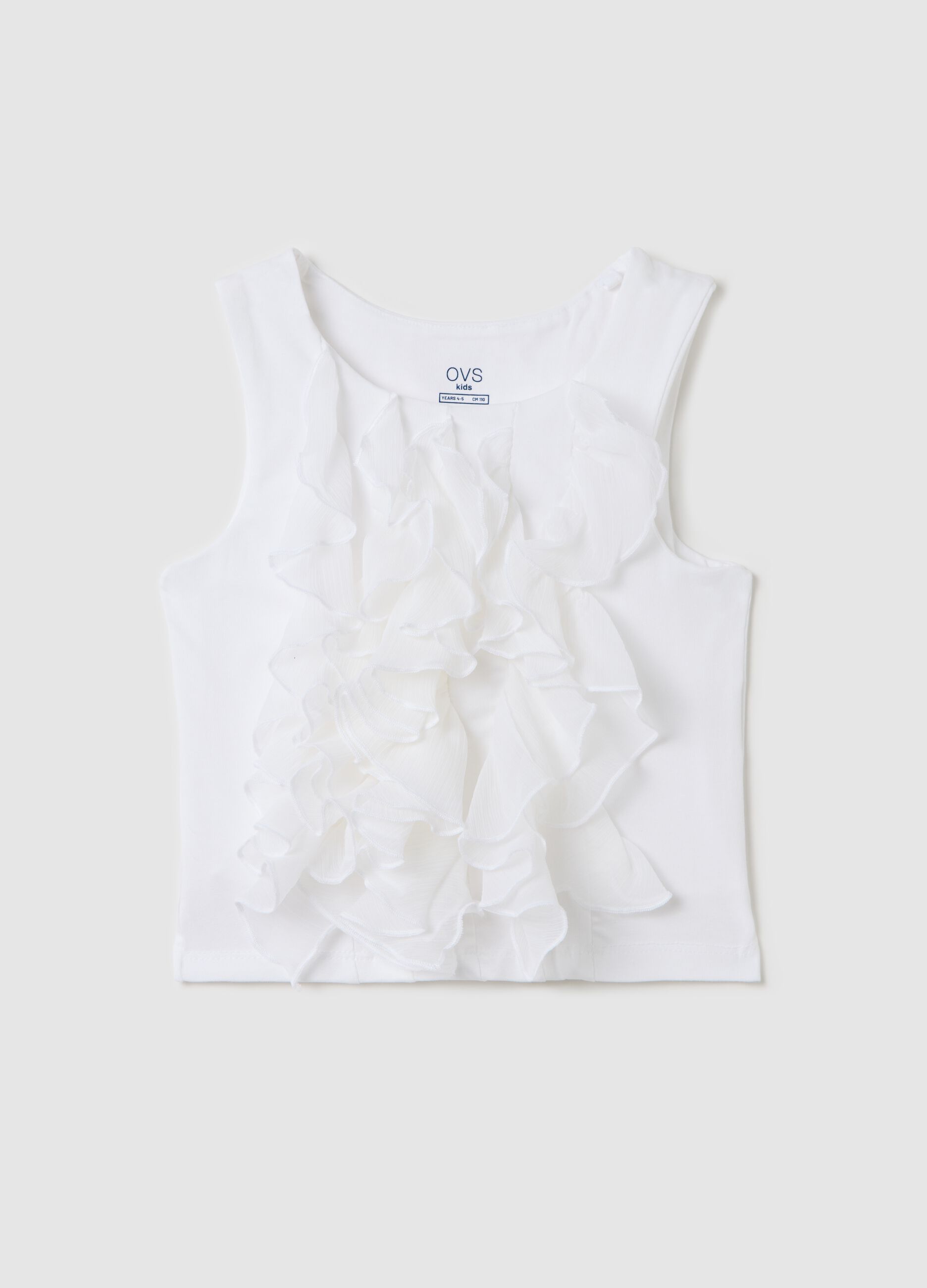 Girls’ white regular-fit T-shirt in stretch cotton with ruffles