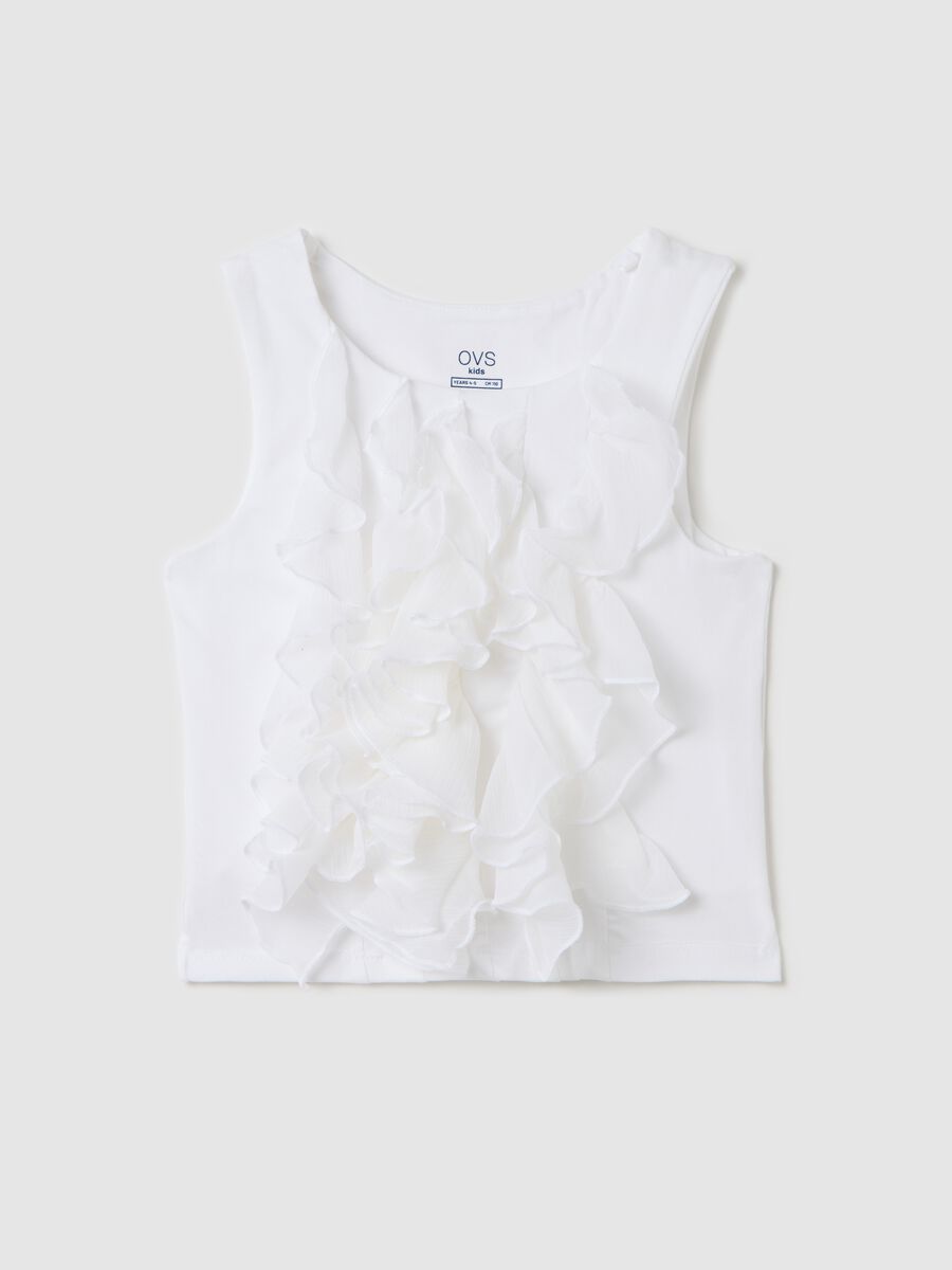 Girls’ white regular-fit T-shirt in stretch cotton with ruffles_0