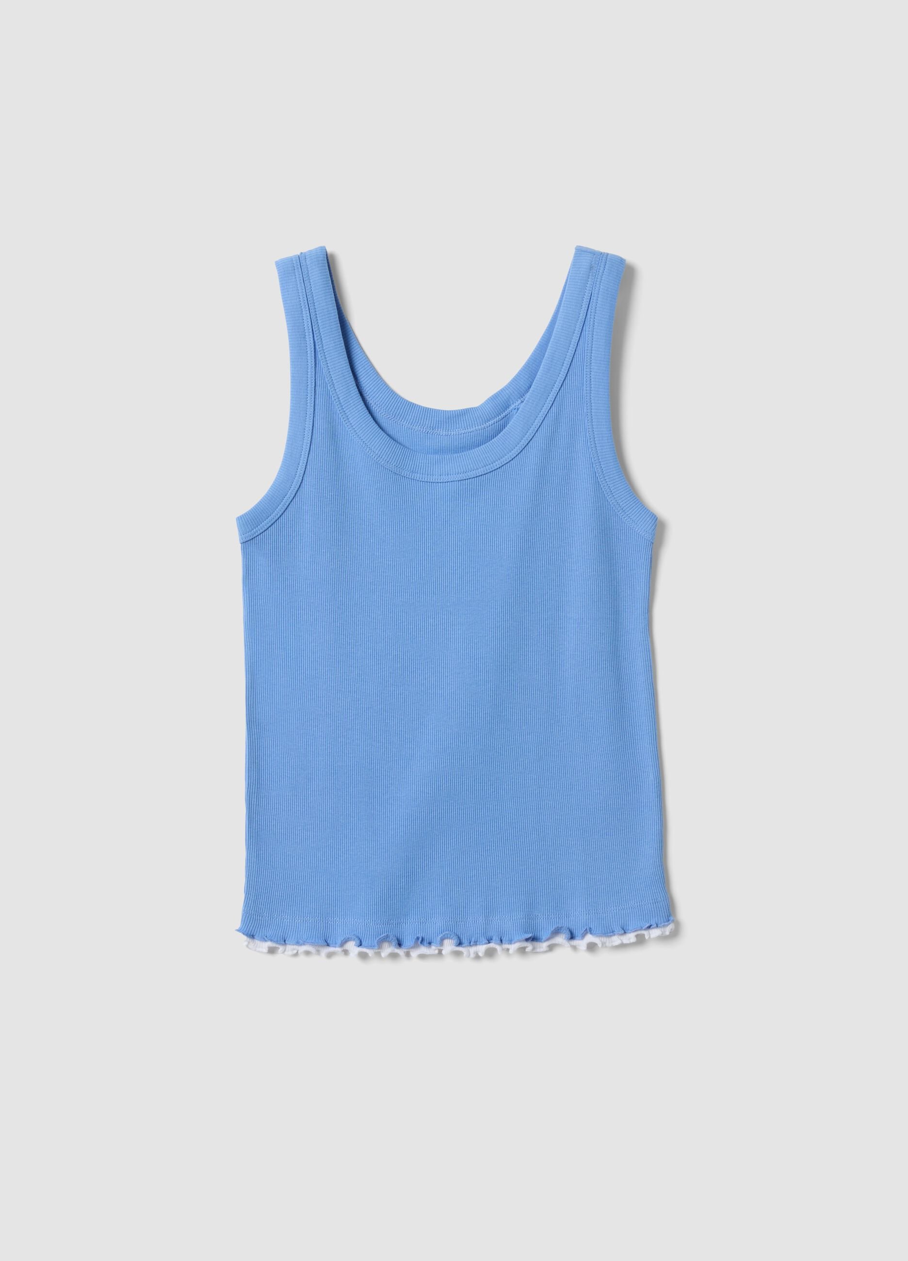 Light blue pure cotton ribbed regular-fit tank top