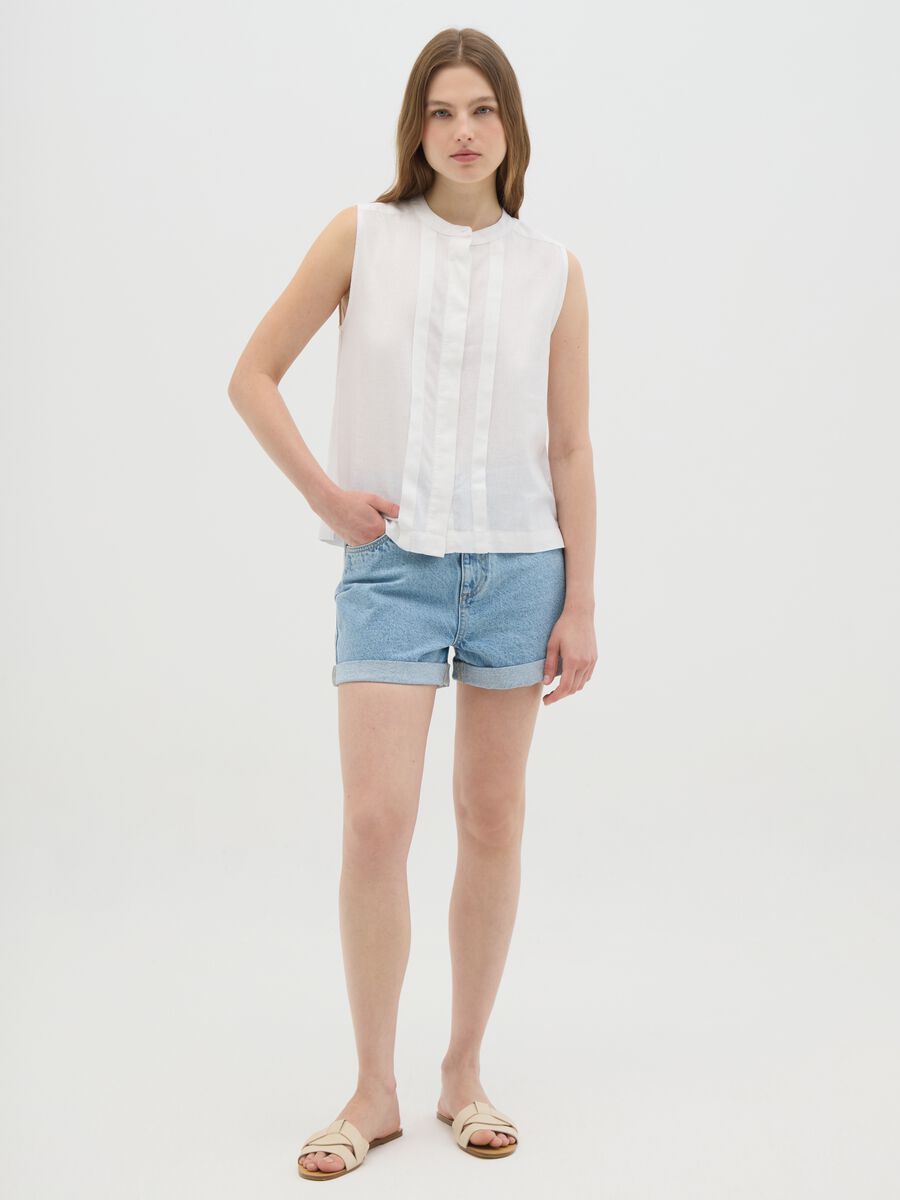 Women's Sleeveless White Linen Blend Shirt Regular Fit_1