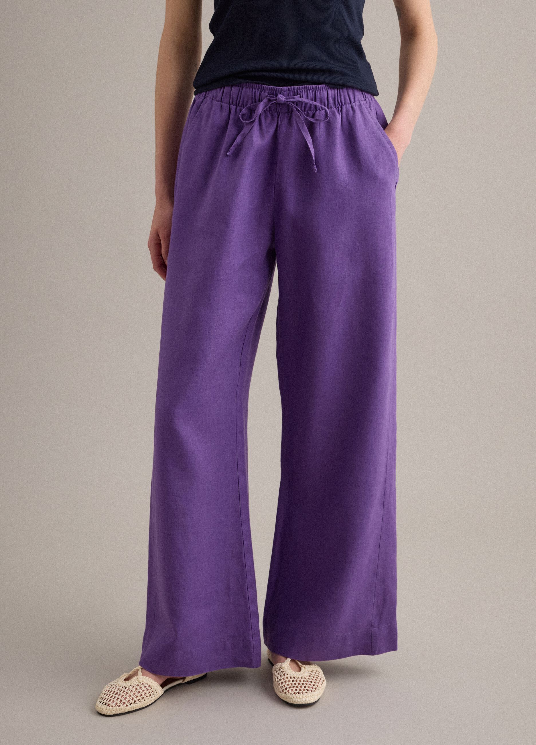 Purple pure linen straight-fit drawstring trousers