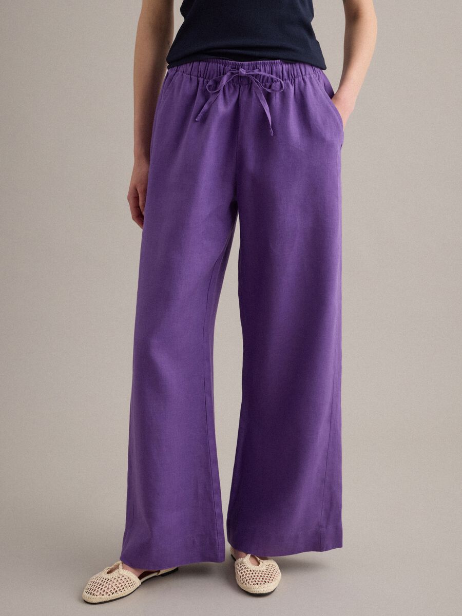 Purple pure linen straight-fit drawstring trousers_1