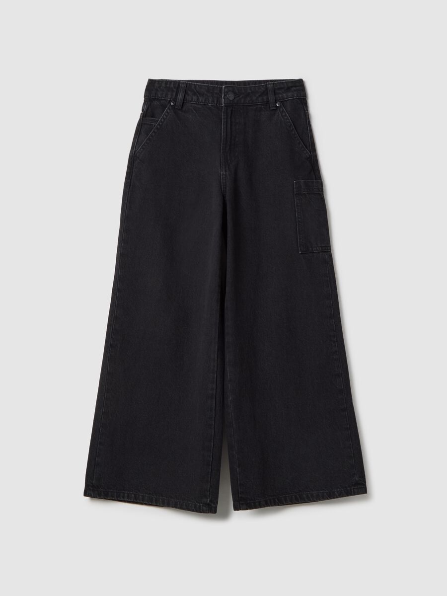 Girls' Pure Black Cotton Wide Leg Jeans with Large Pockets_3