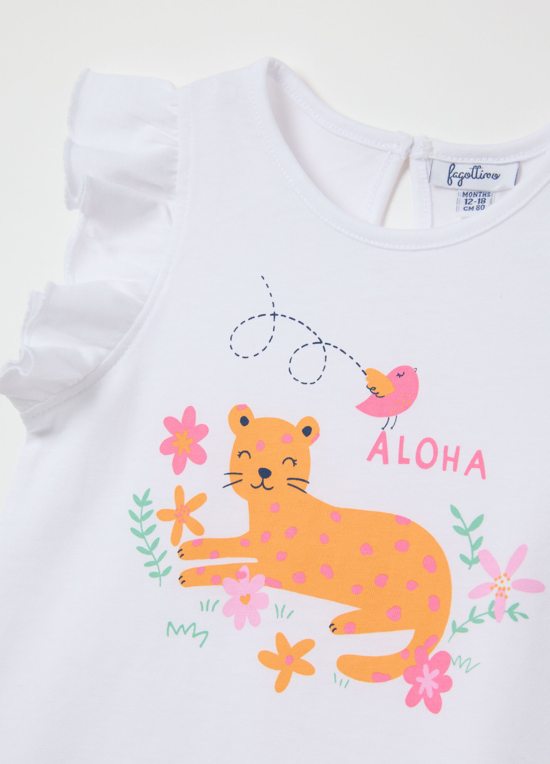 Maglietta da neonata in puro cotone bianca regular fit con volant e stampa