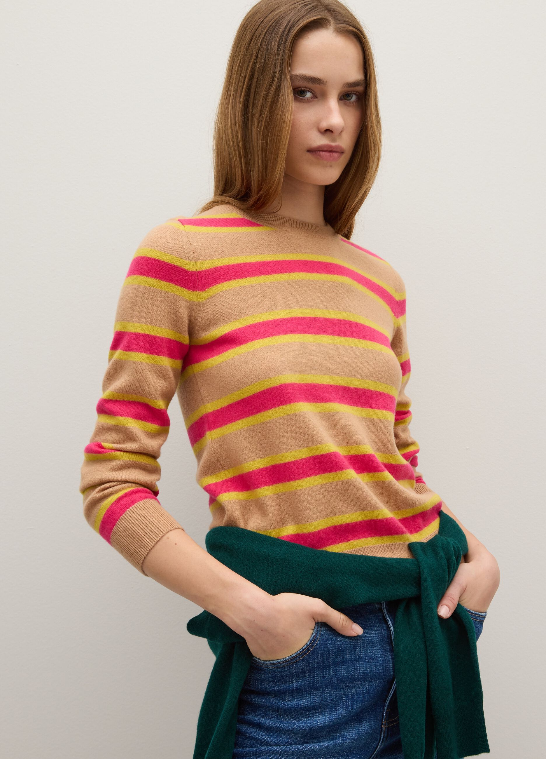 Beige and pink striped pure wool sweater regular fit