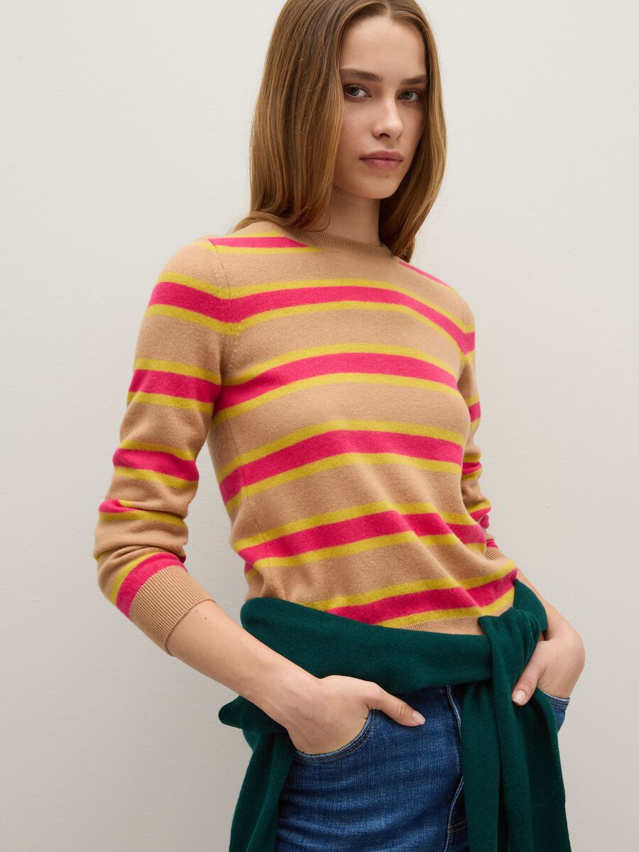 Beige and pink striped pure wool sweater regular fit_0