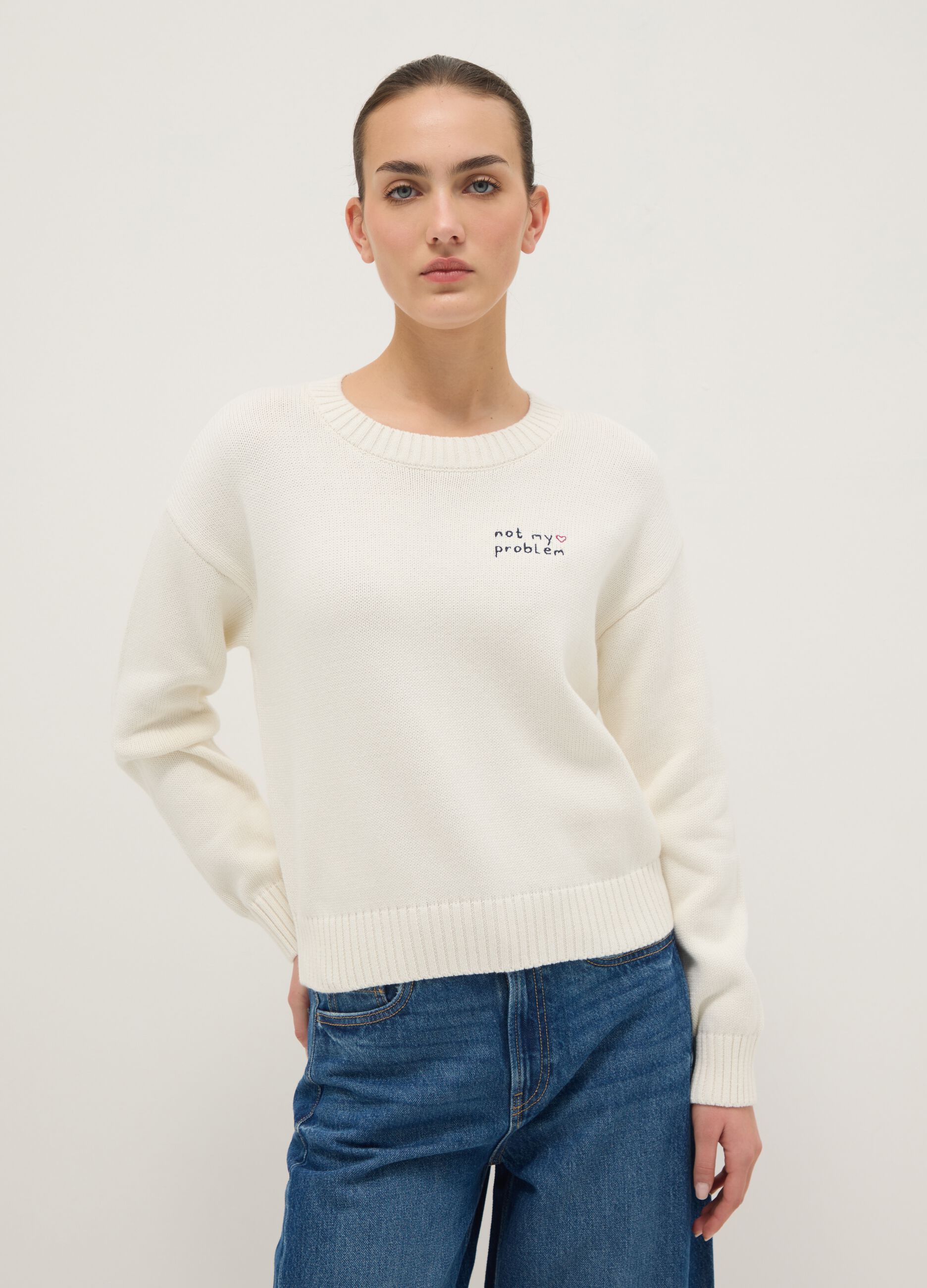 Regular fit white cotton blend pullover