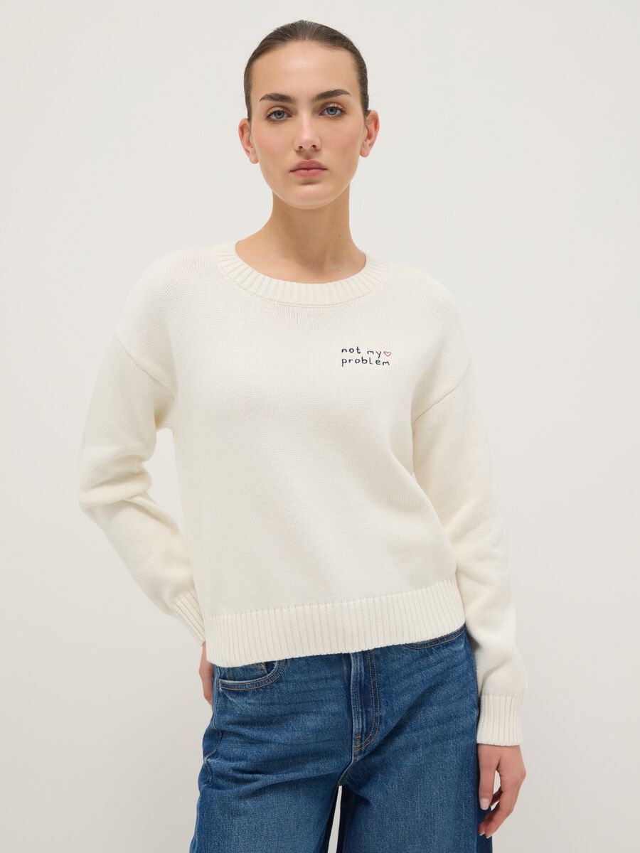 Regular fit white cotton blend pullover_0