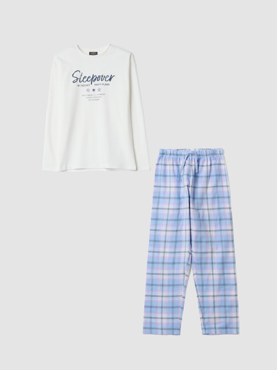 White crew-neck pyjamas in pure organic cotton with checked pattern_0