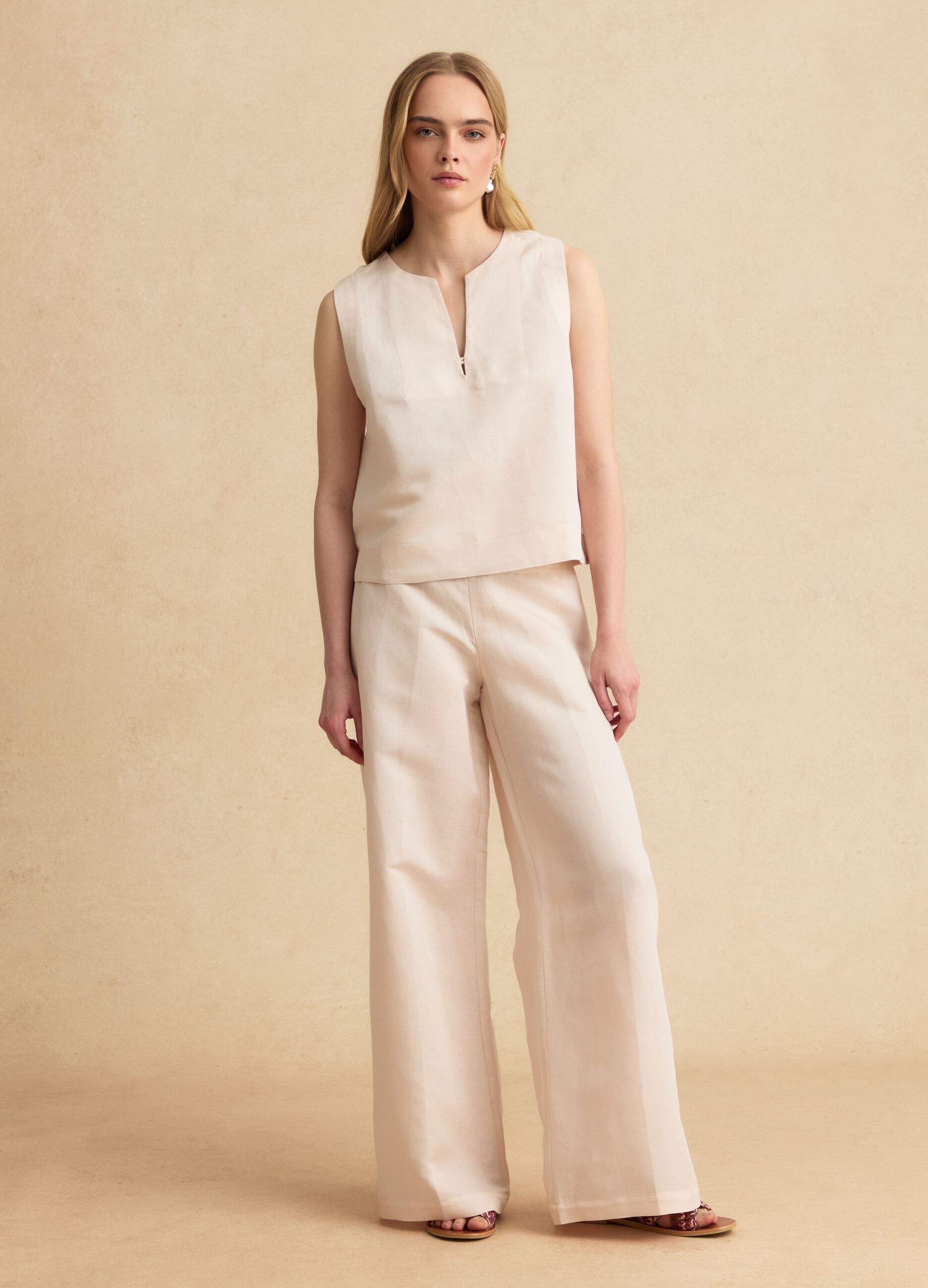 Beige linen-viscose blend top with oversized fit