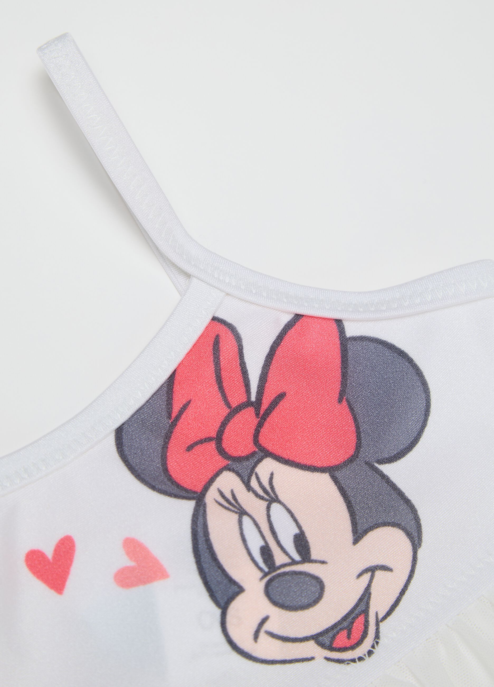 Girls’ bikini in white stretch fabric with Minnie Mouse print