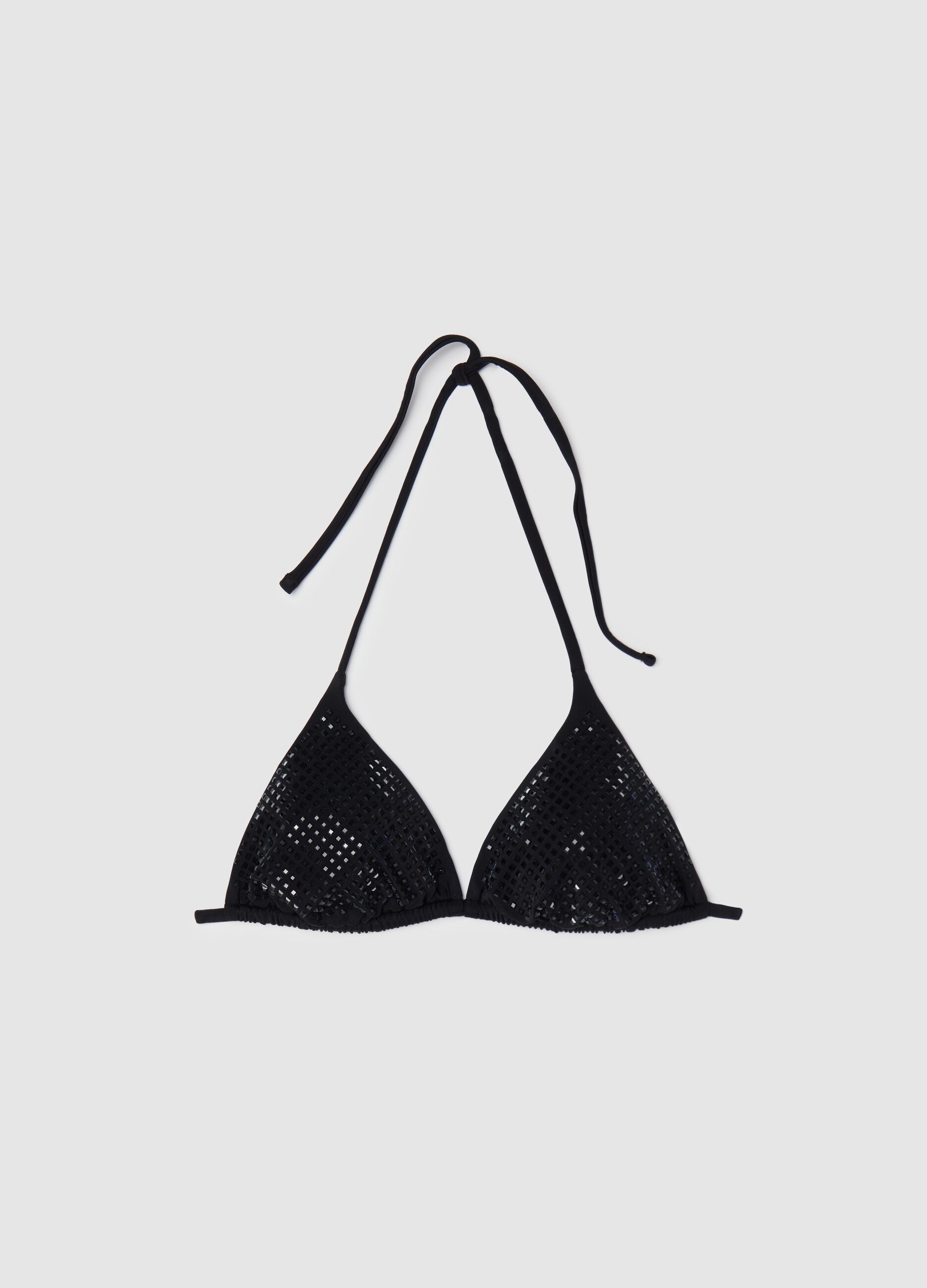 Women’s bikini top in black stretch fabric with mesh texture