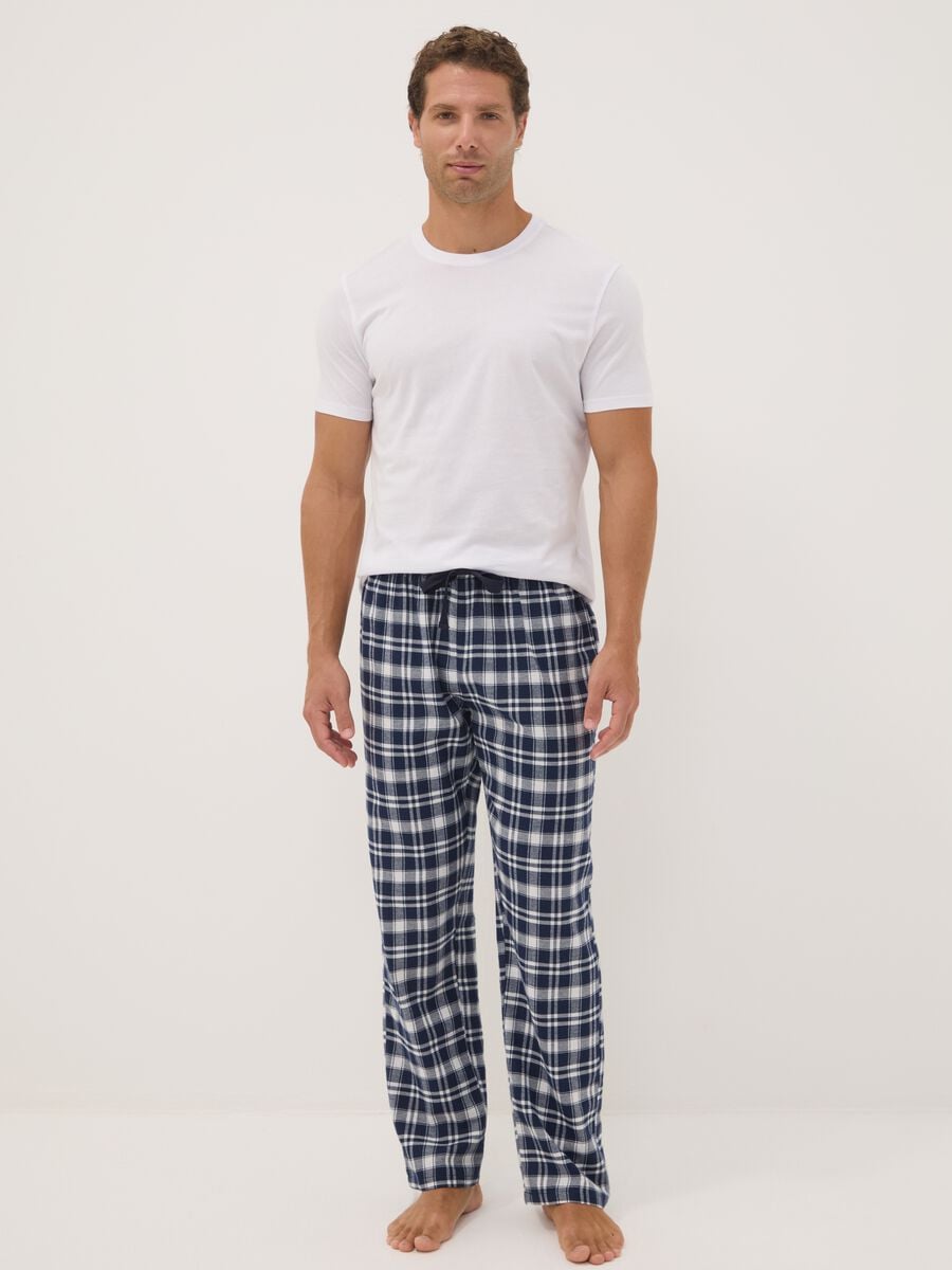 Pantaloni pigiama bianchi e blu in flanella di puro cotone organico a quadri_0