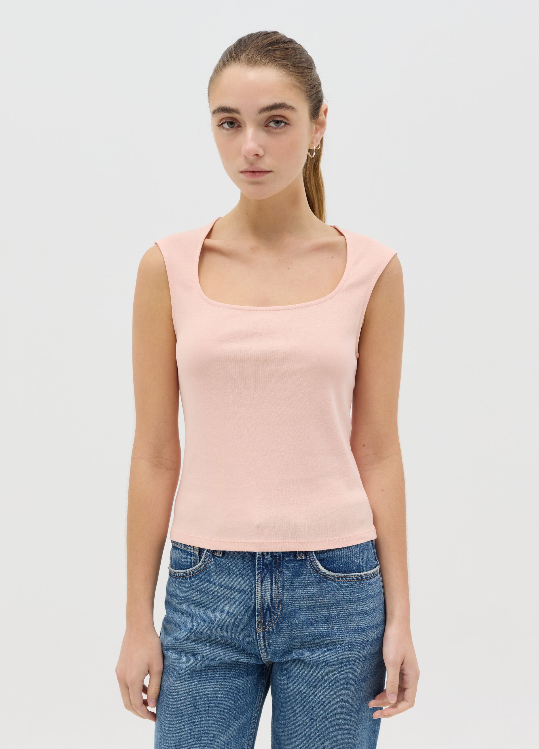 Pink tank top with square neckline
