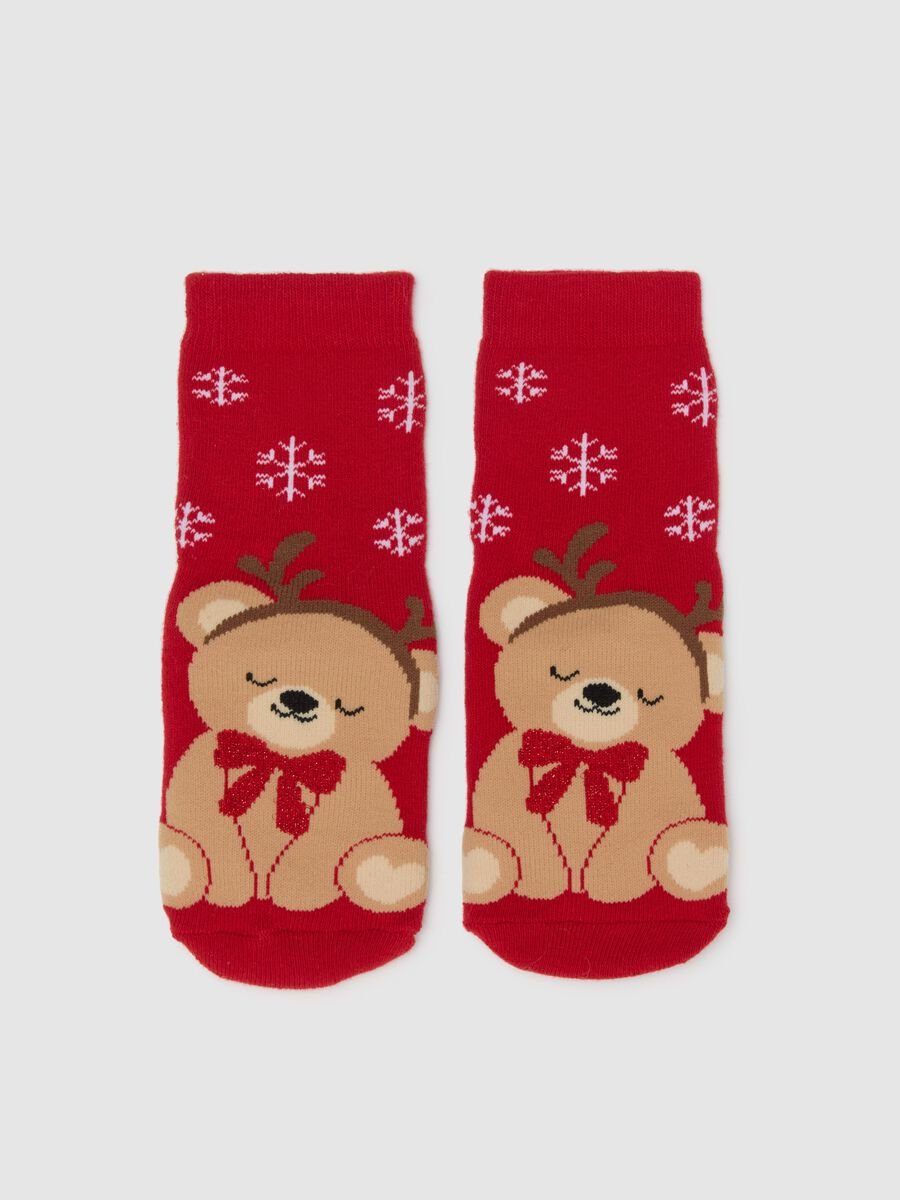 Calze antiscivolo natalizie da bambina in misto cotone rosse elasticizzate_0