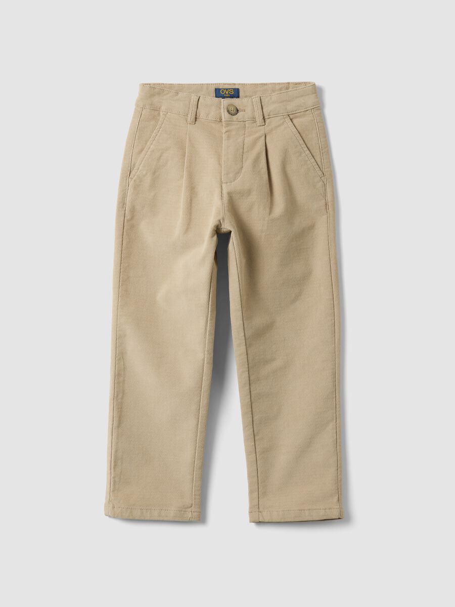 Pantaloni chino beige in cotone elasticizzato a coste_0