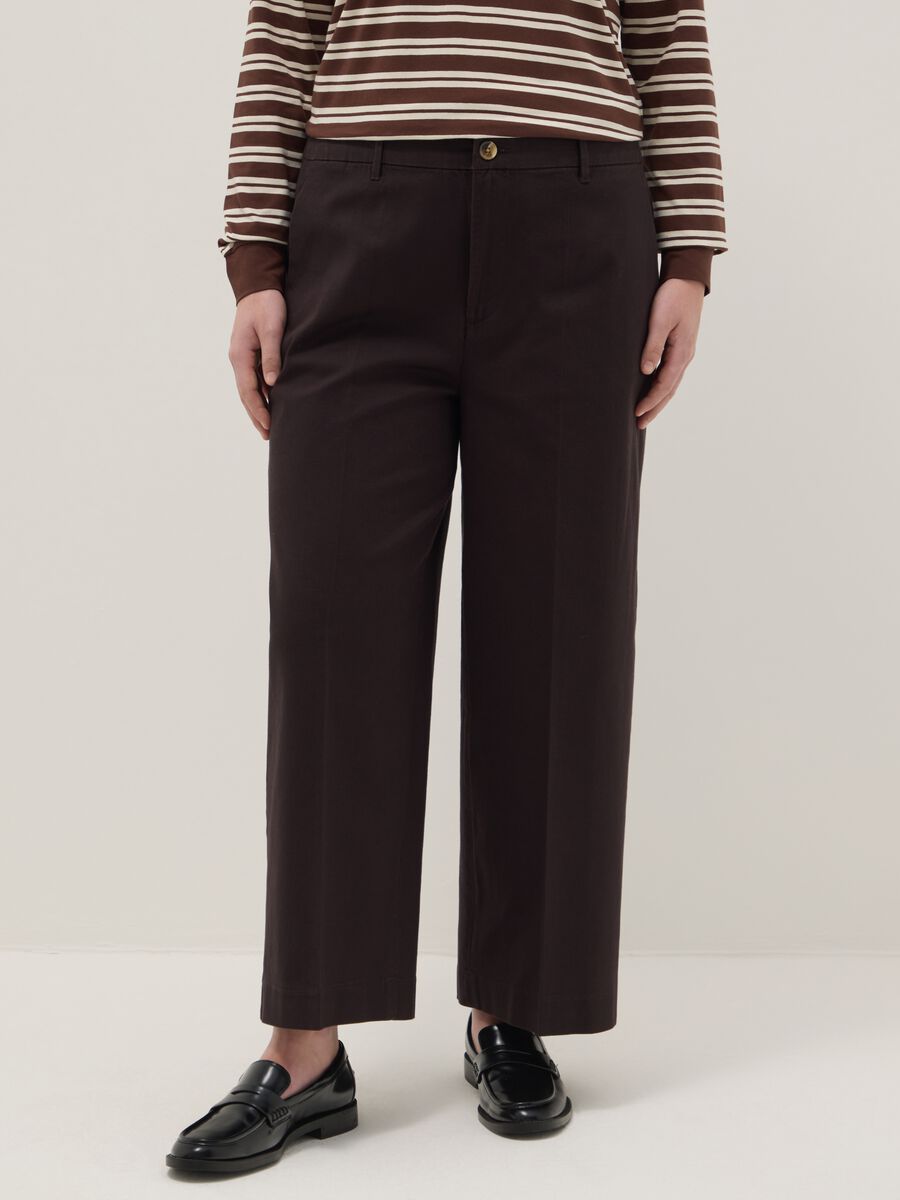 Brown straight stretch cotton trousers regular fit_1