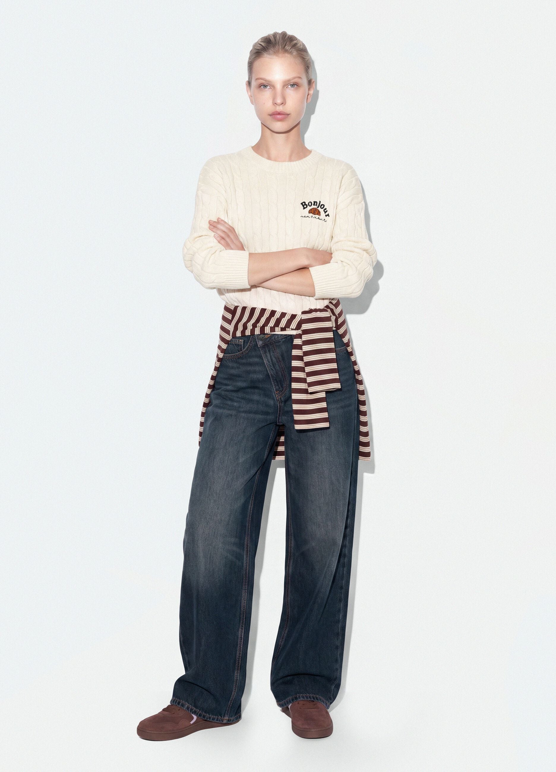 White pure cotton cable-knit jumper with croissant embroidery