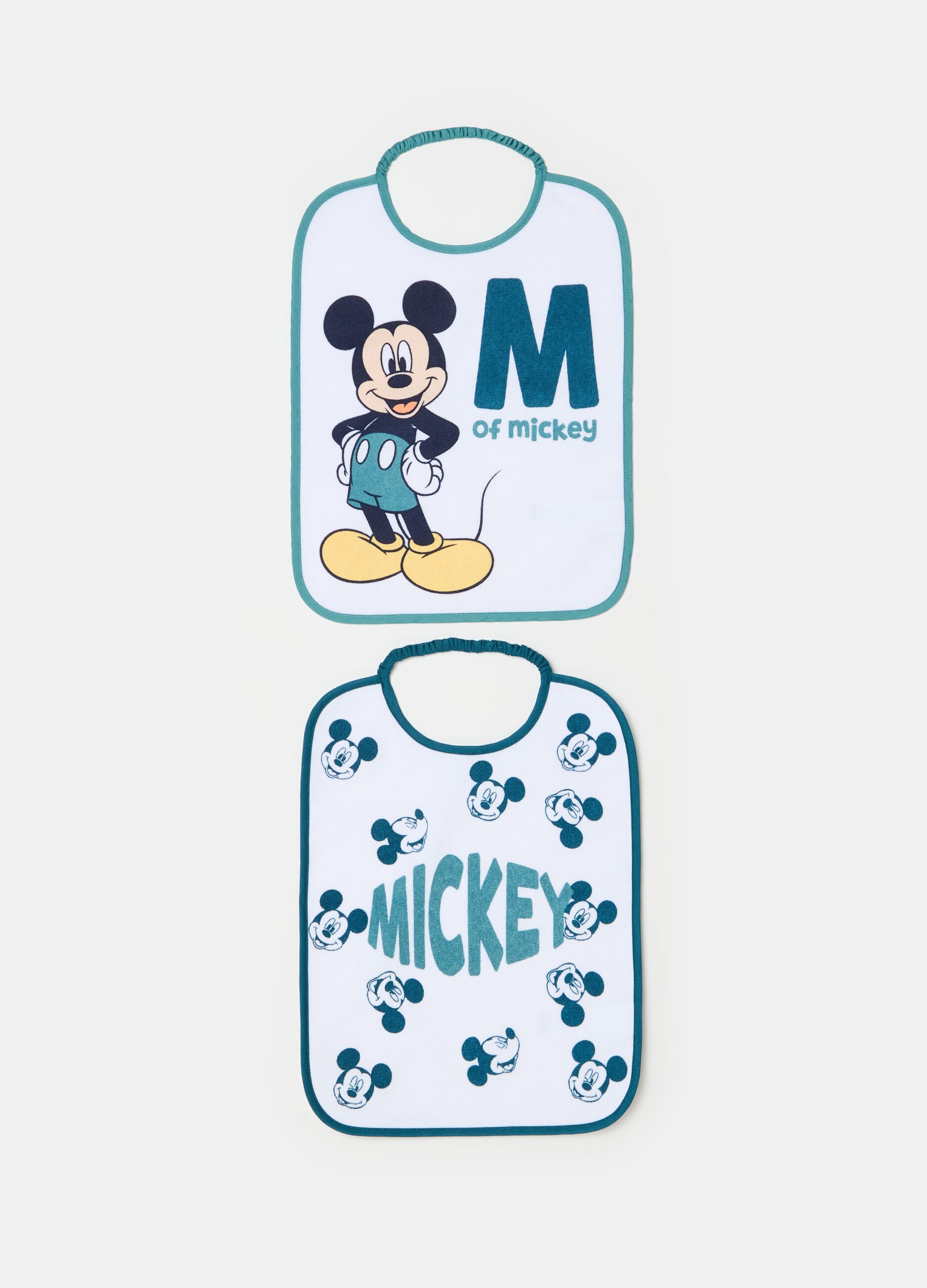 Two-pack bibs with PEVA backing and Mickey Mouse print