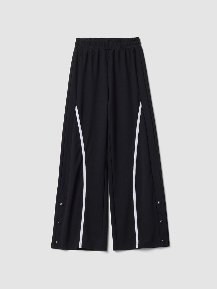 Pantaloni neri wide leg in viscosa elasticizzata con bande a contrasto_0