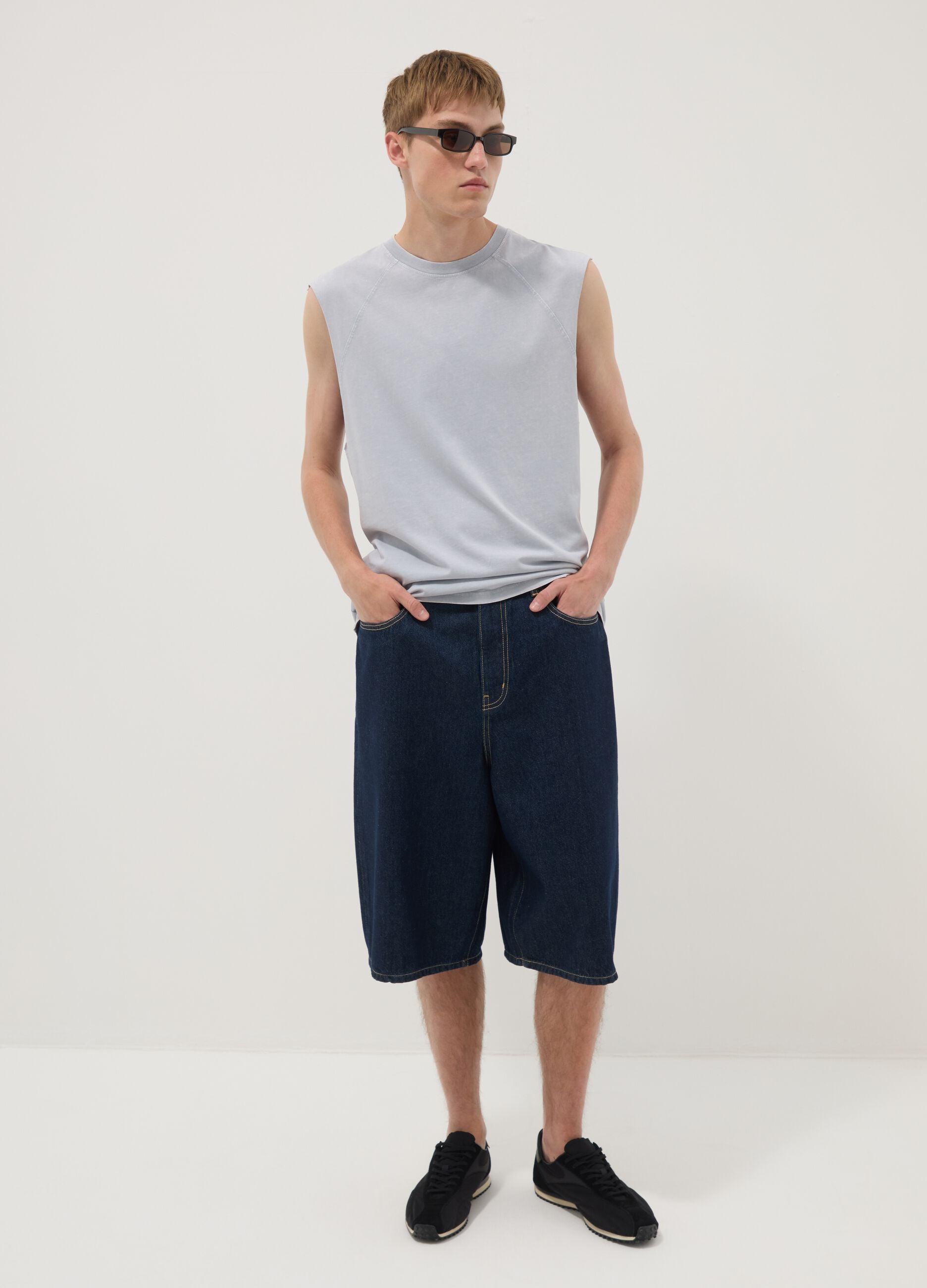 Light blue pure cotton regular-fit tank top
