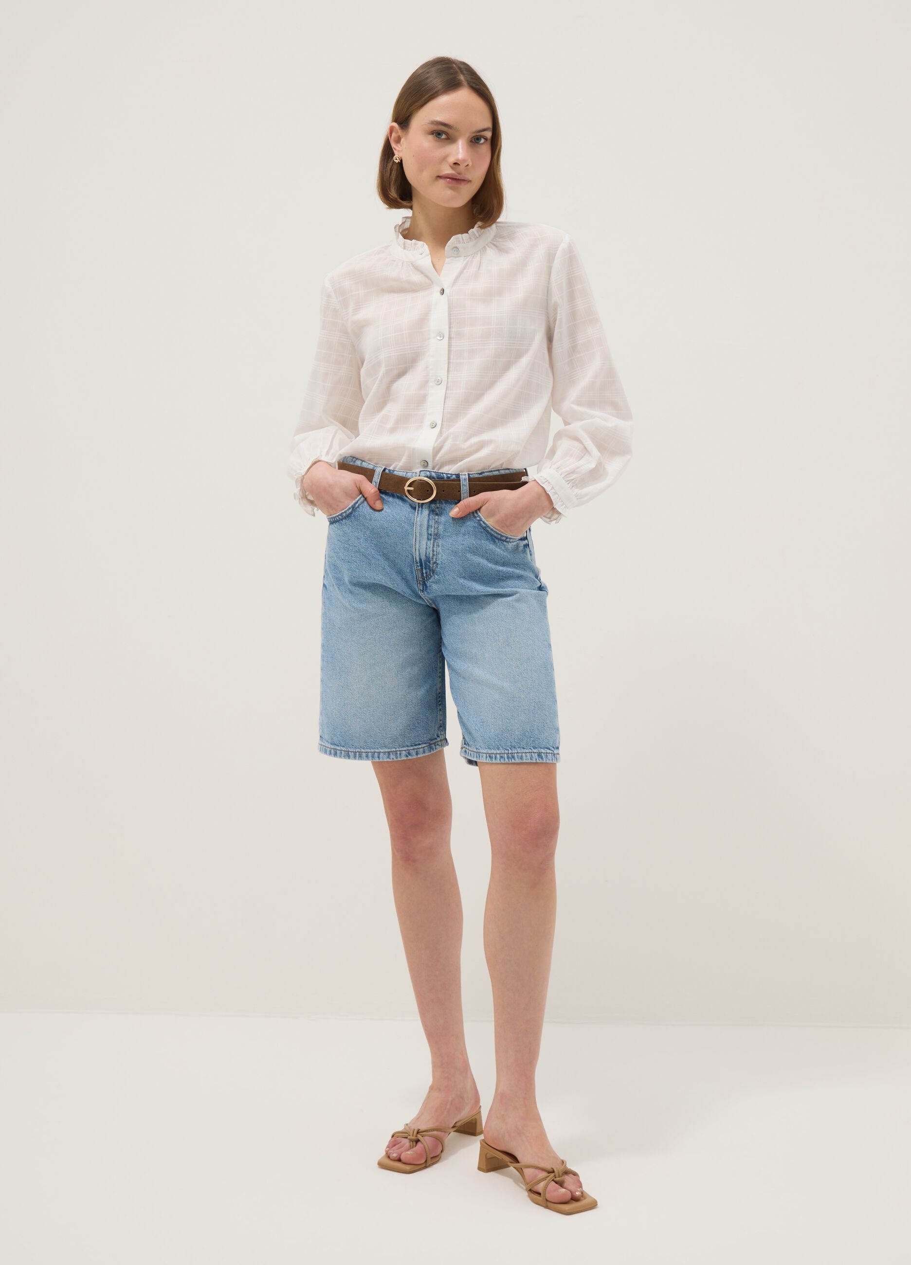 Pure cotton denim blue wide leg shorts