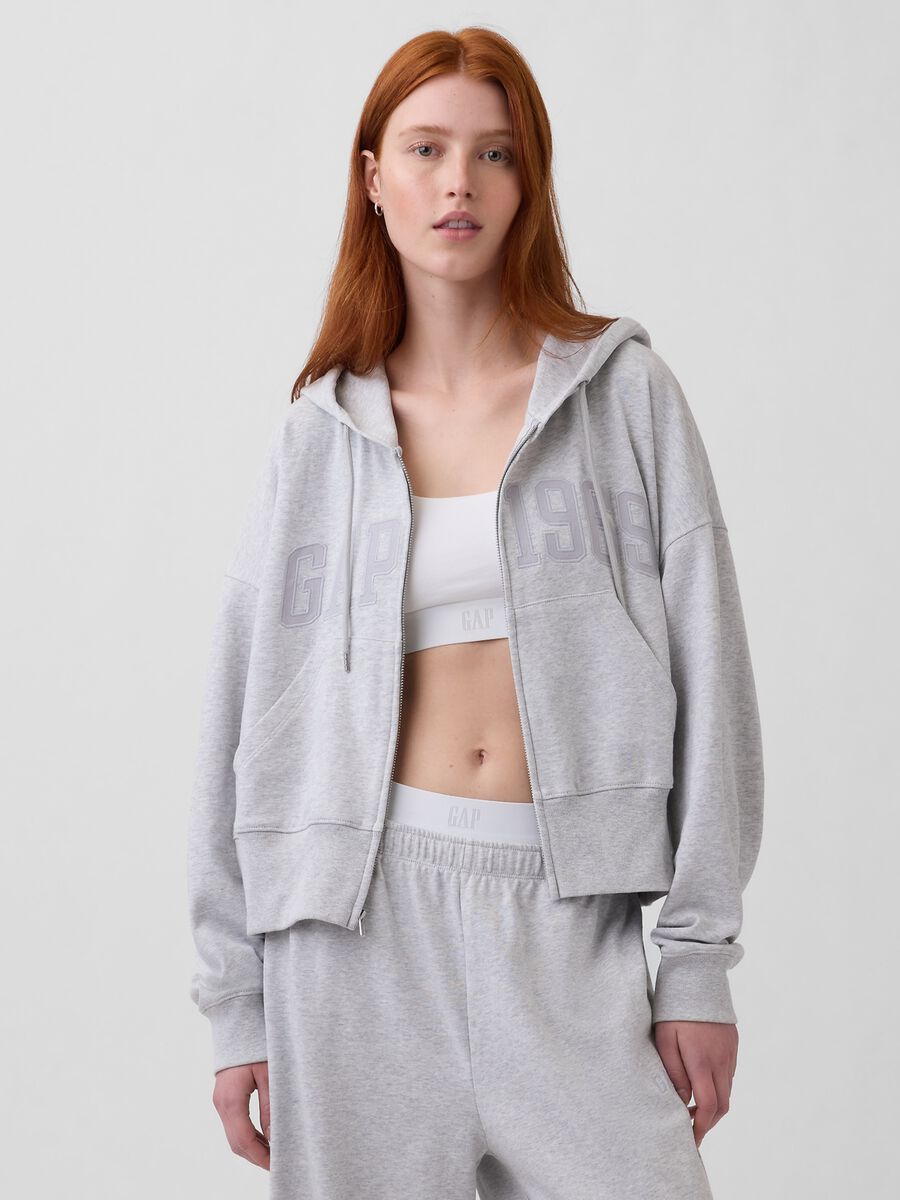 Regular fit grey cotton blend hoodie with zip_0