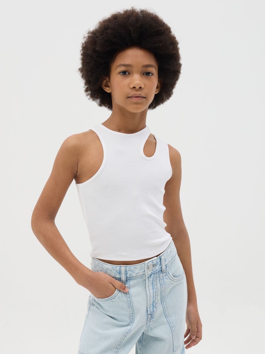 Tank top bianca a costine con dettaglio cut-out _0