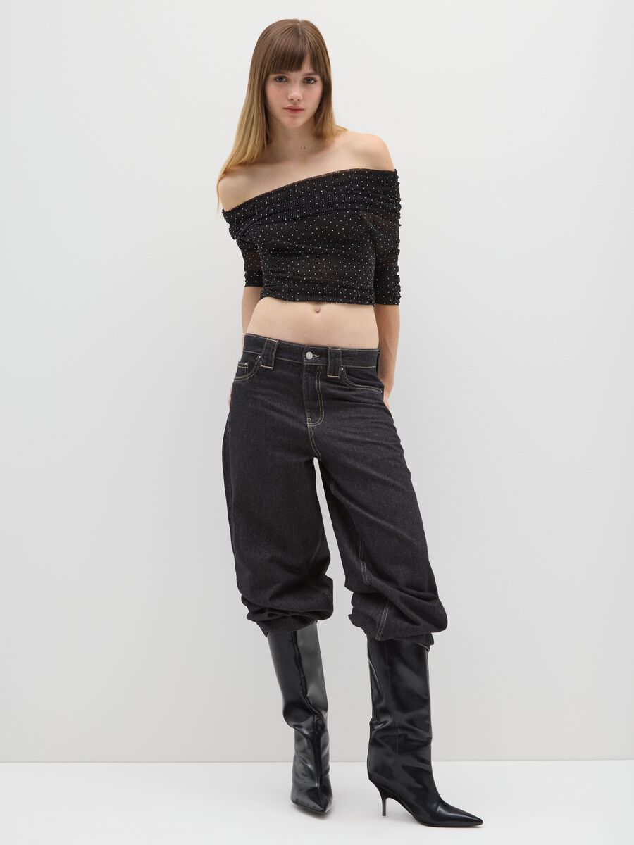 Black Stretch Fabric Top with Off-the-Shoulder Design_1