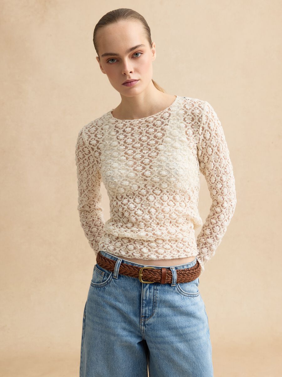 Beige stretch cotton blend regular fit top with lace_1