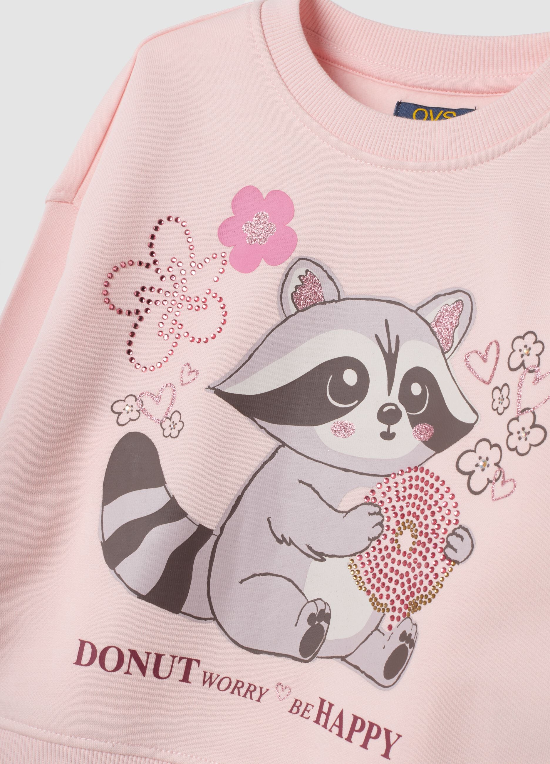 Pink cotton-blend jogging set with crew-neck sweatshirt and animal print
