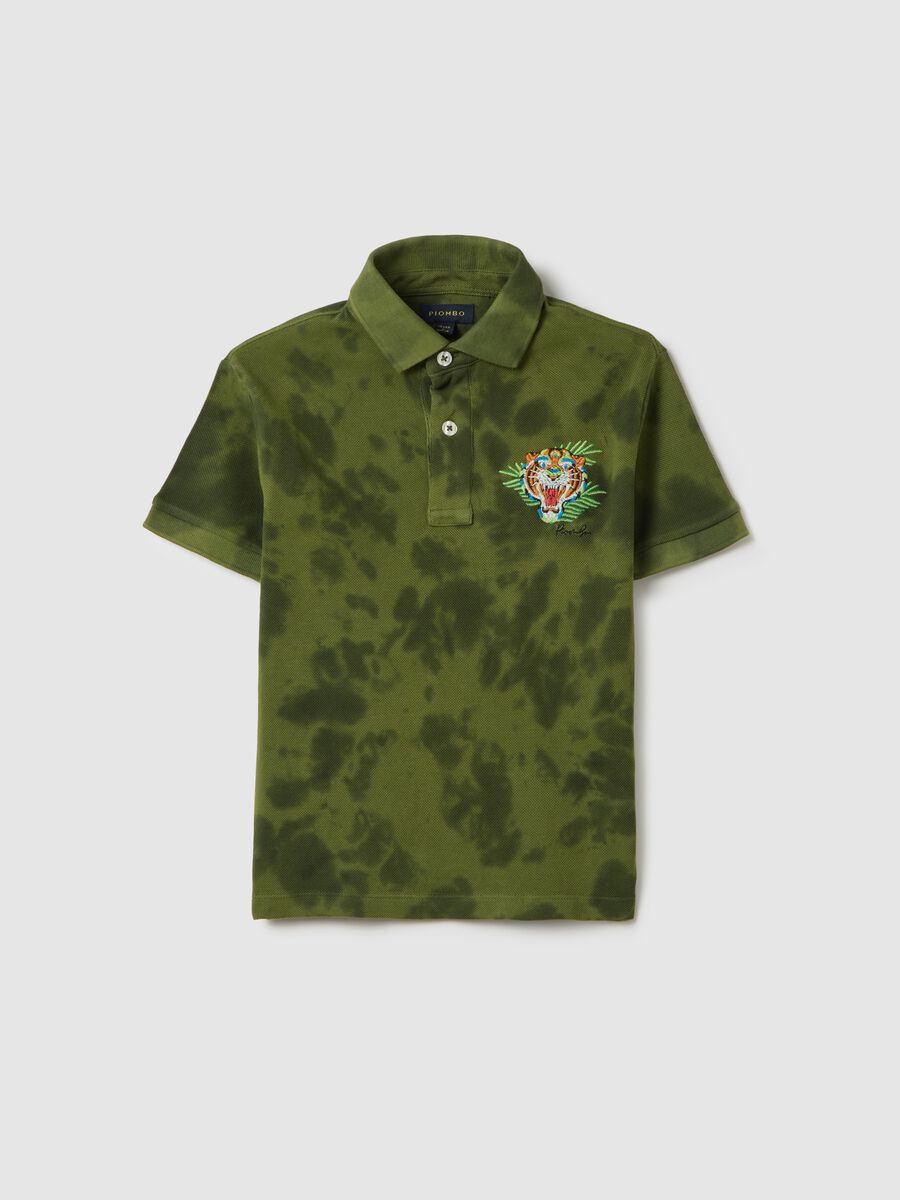 Green short sleeve cotton polo with tiger print_0