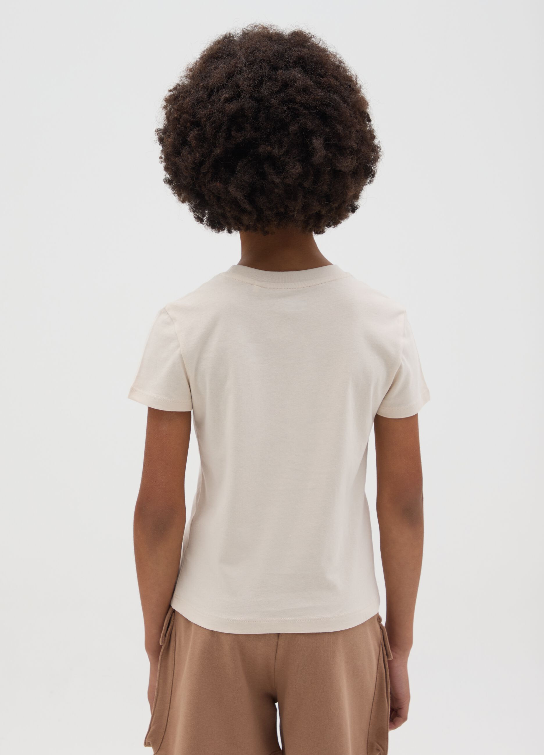 T-shirt da ragazza in puro cotone beige regular fit con scollo rotondo