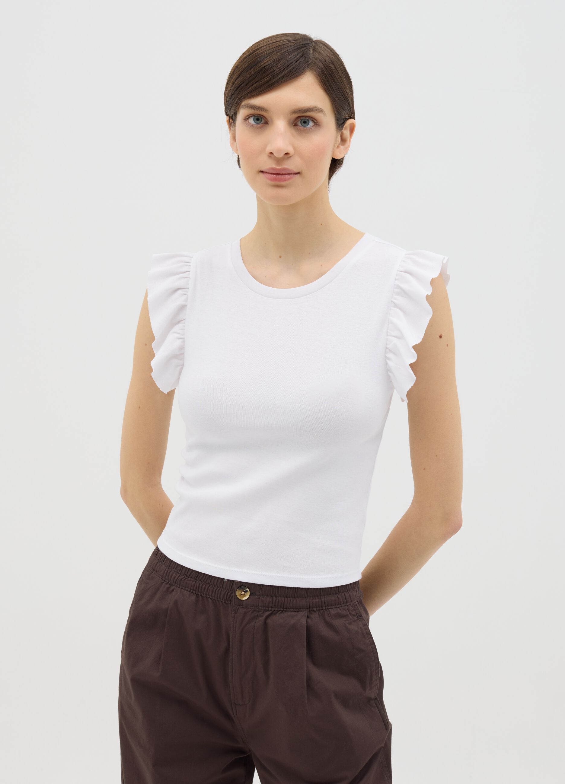 White cotton T-shirt with ruffles