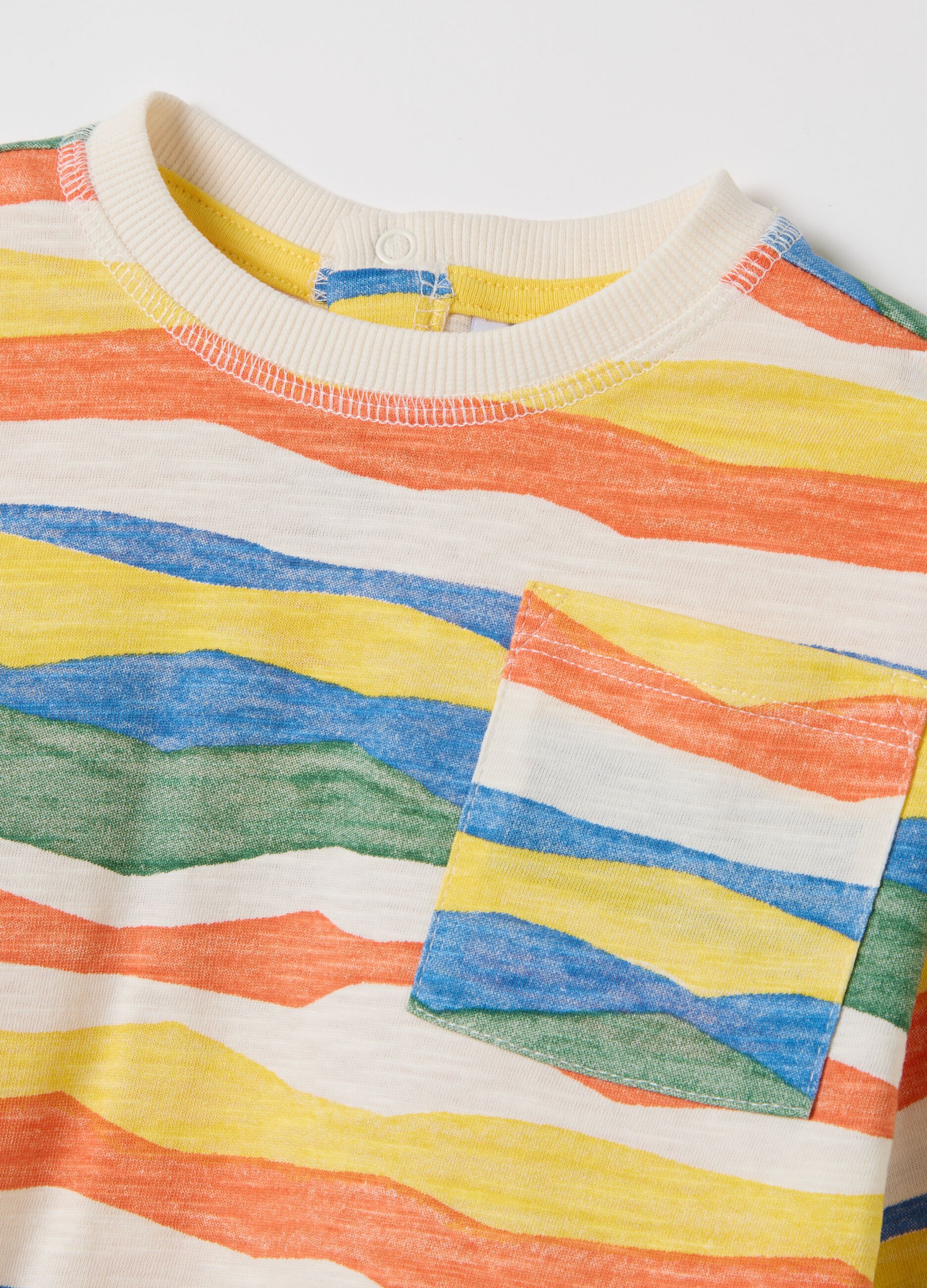 Cotton T-shirt with pocket and blue and yellow stripes