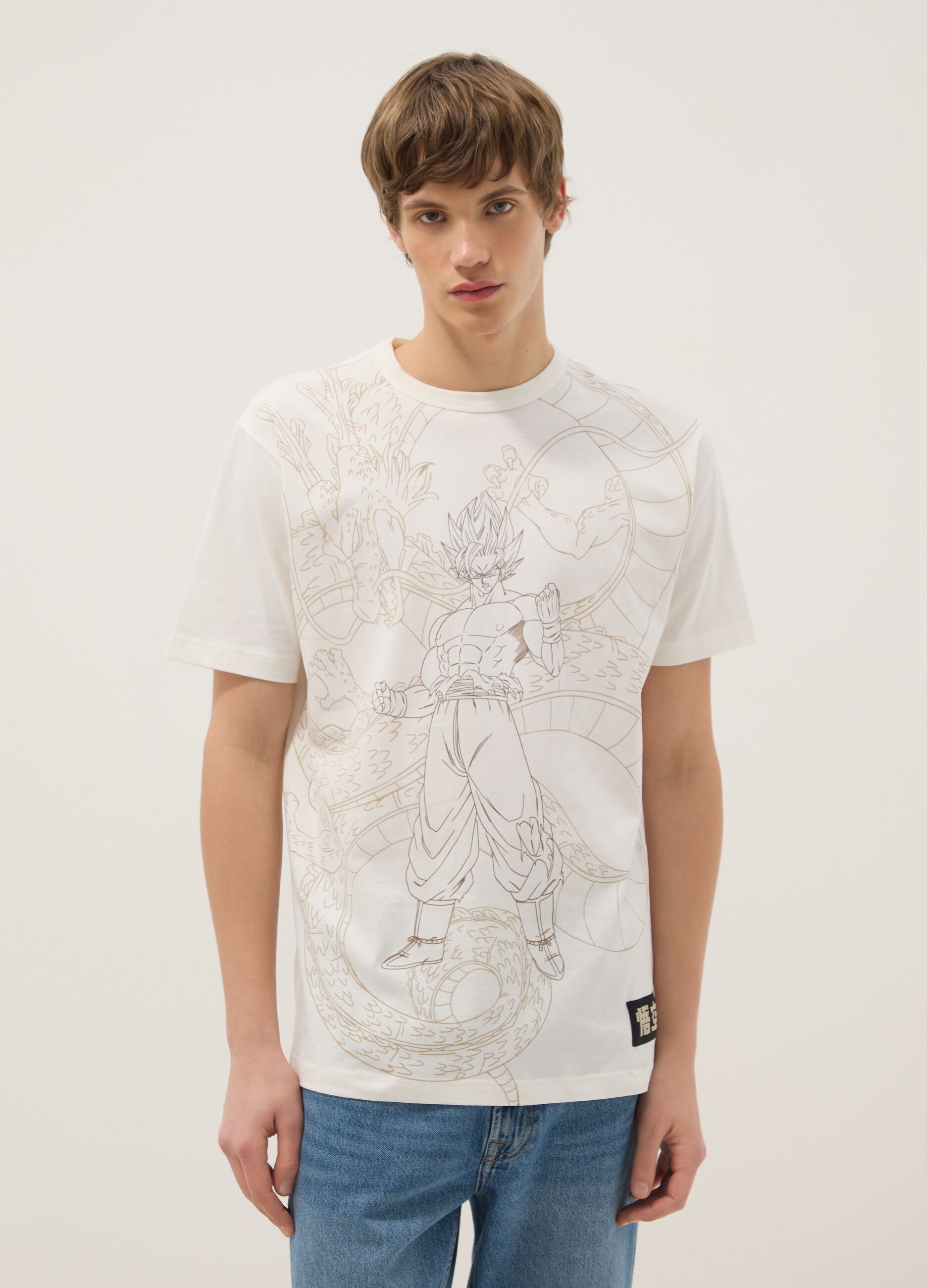 T-shirt in puro cotone beige regular fit con stampa Dragon Ball