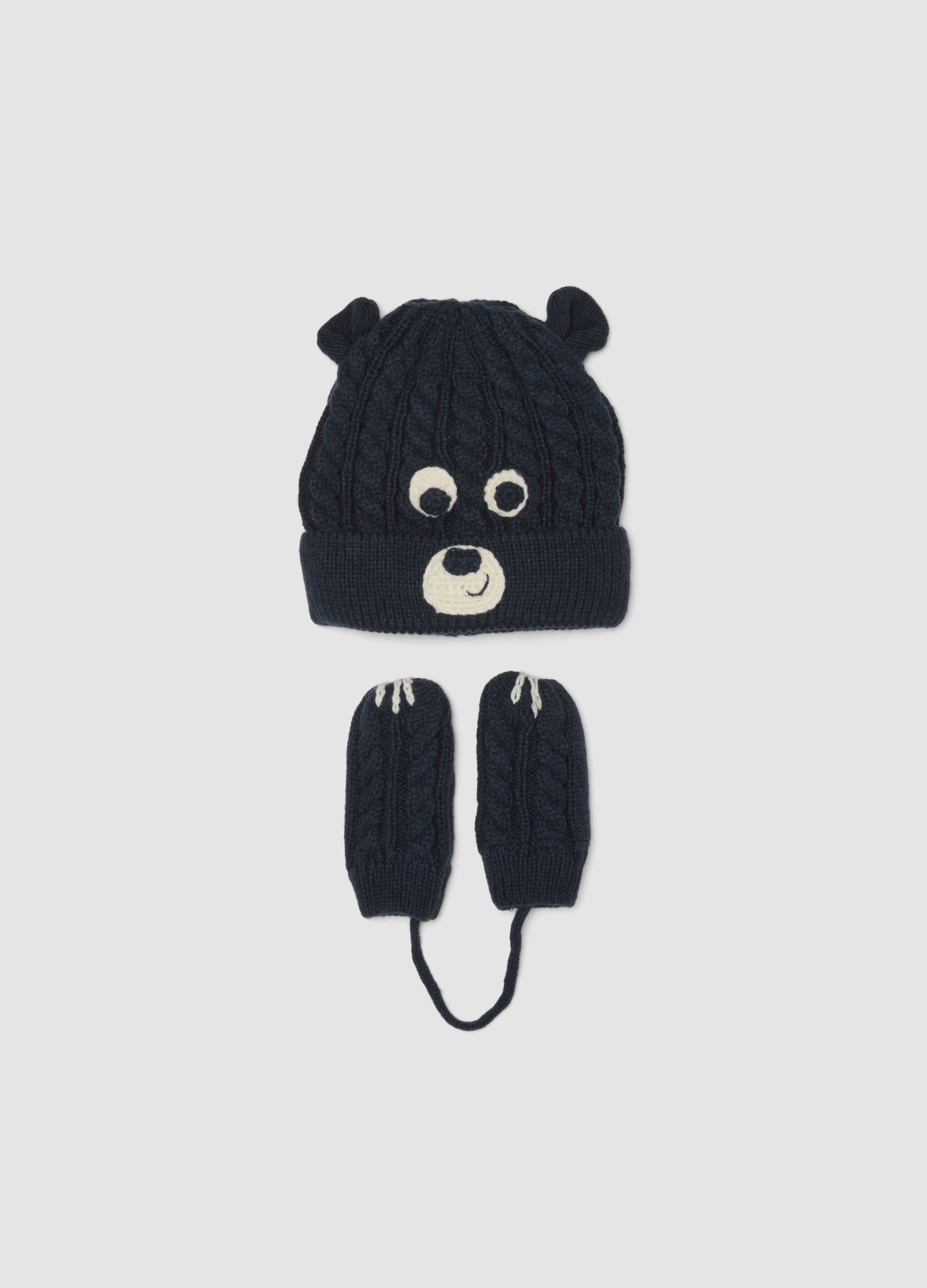 Set blu con cappello e muffole in maglia jacquard