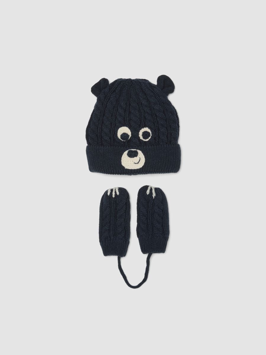 Set blu con cappello e muffole in maglia jacquard_0