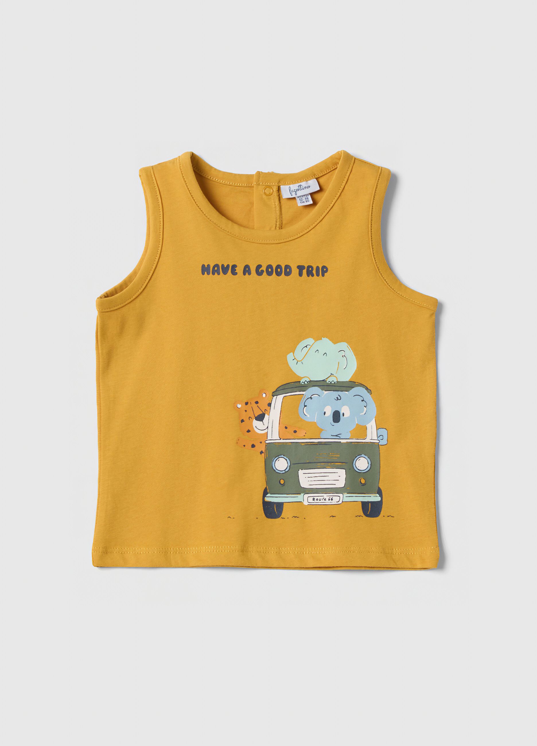 Yellow organic cotton tank top with print