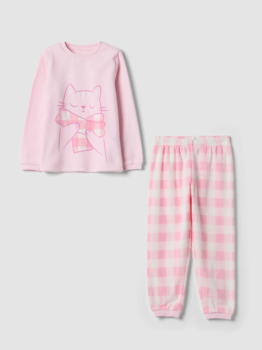 Pink crew-neck pyjamas with cat print and checked trousers_0
