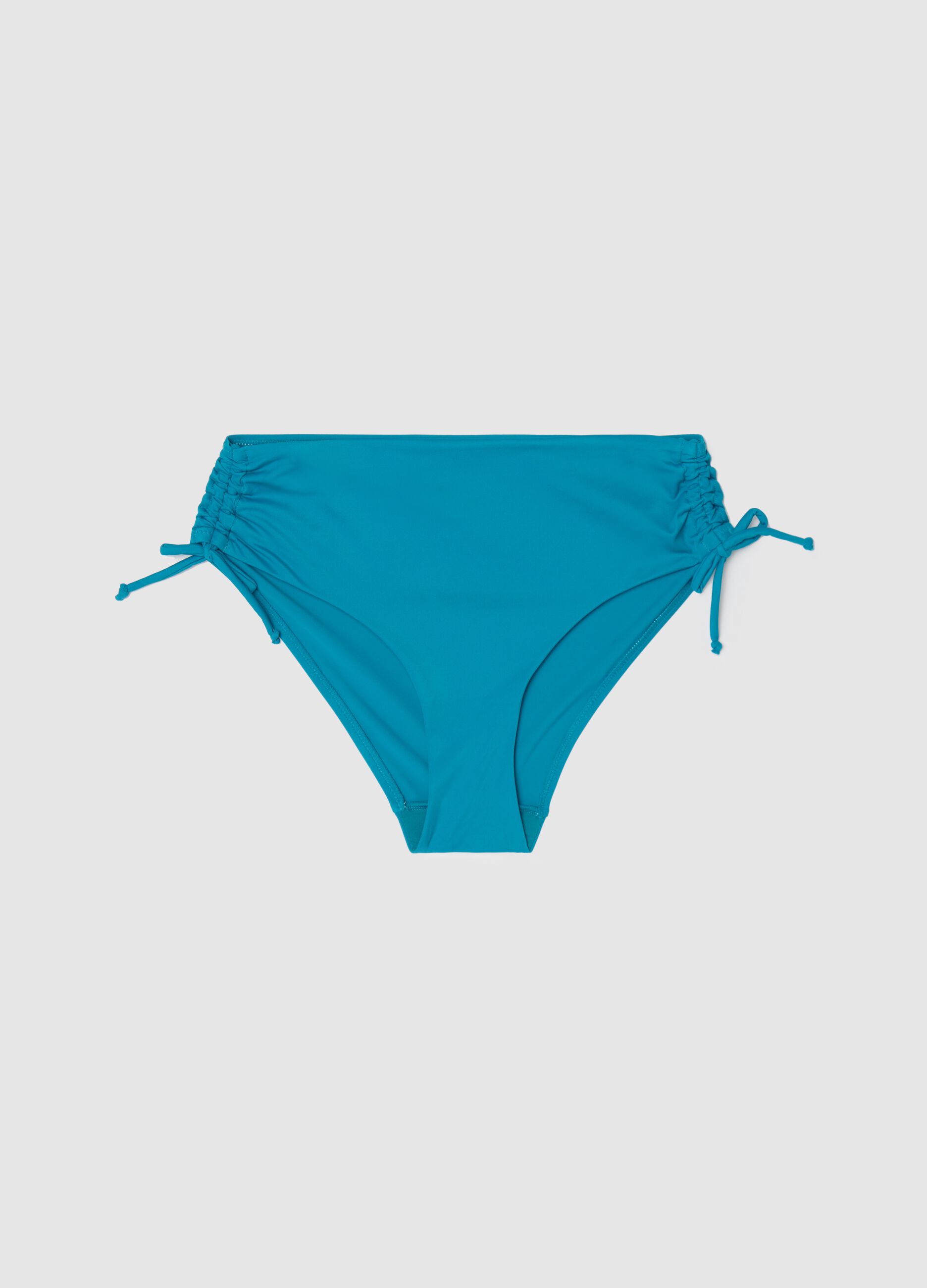 Slip bikini da donna in lycra elasticizzata azzurra con arricciature
