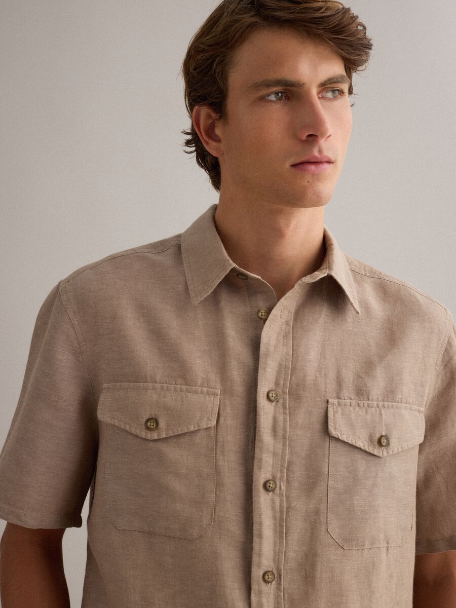 Camicia beige in misto lino e cotone regular fit_2