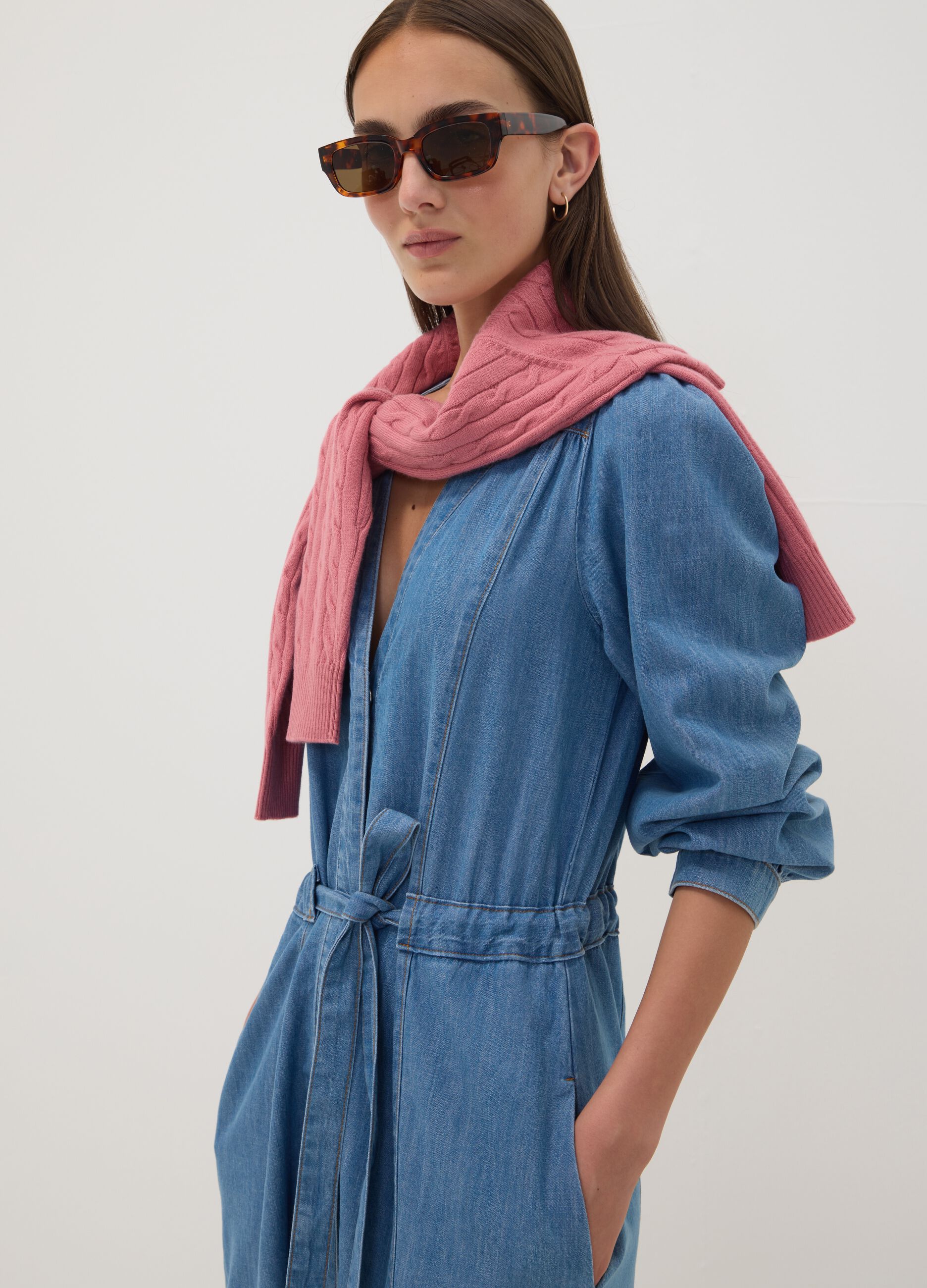 Blue pure cotton denim dress with deep V-neck regular fit